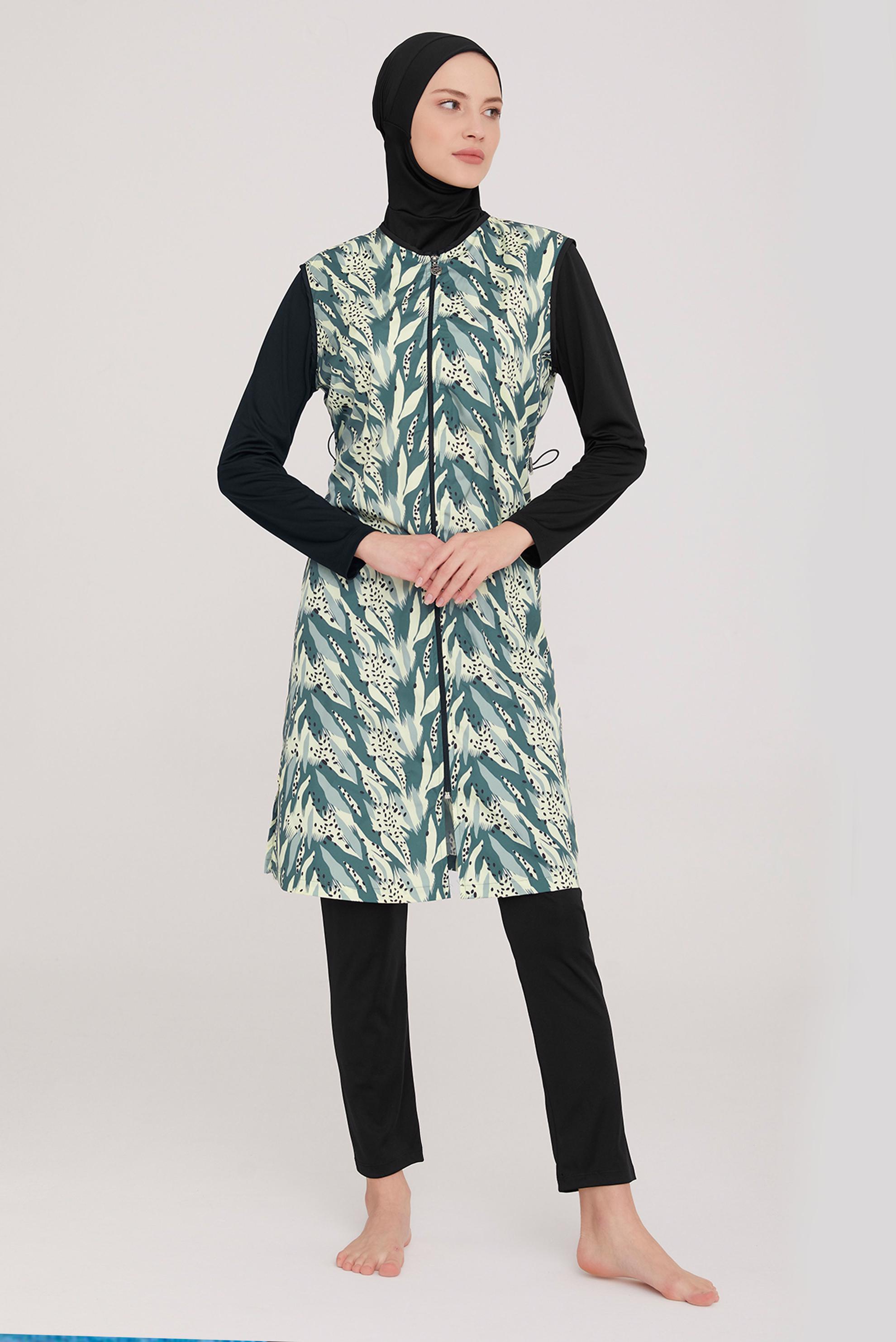 Tesettür giyim SİYAH DESENLİ FERMUARLI TESETTÜR MAYO TAKIM 9039