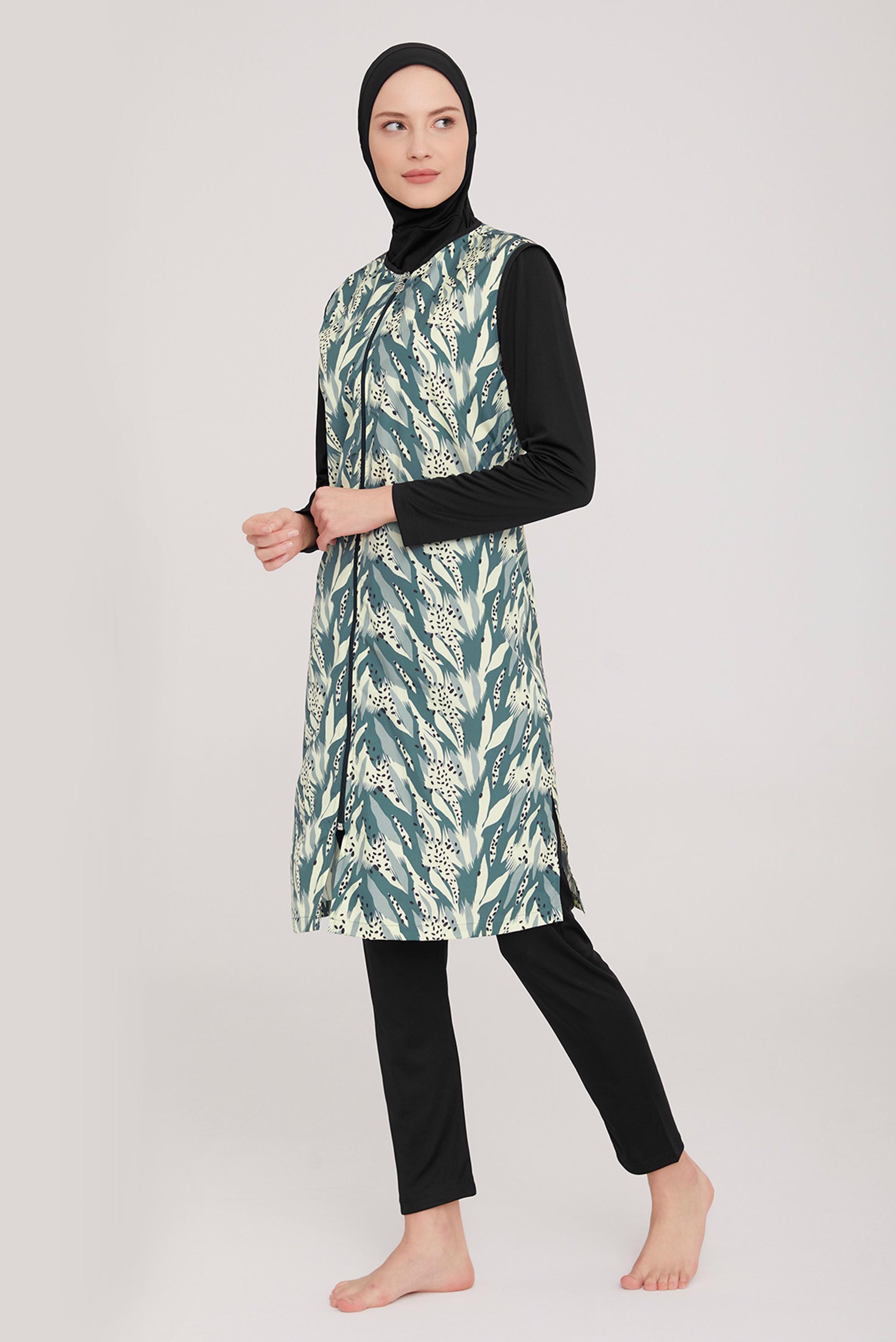 Tesettür giyim SİYAH DESENLİ FERMUARLI TESETTÜR MAYO TAKIM 9039