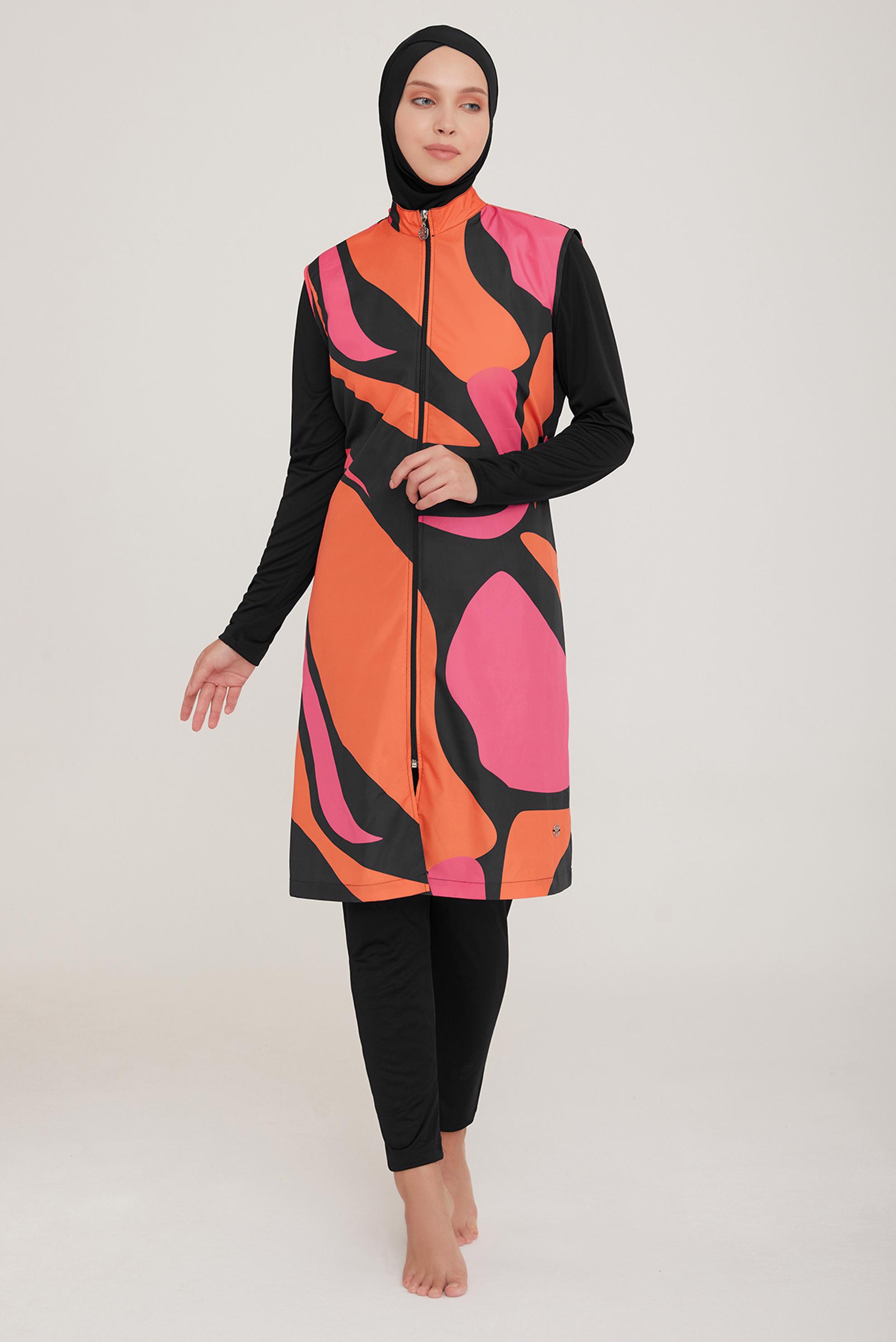 Tesettür giyim SİYAH RENK BLOKLU FERMUARLI TESETTÜR MAYO TAKIM 9041