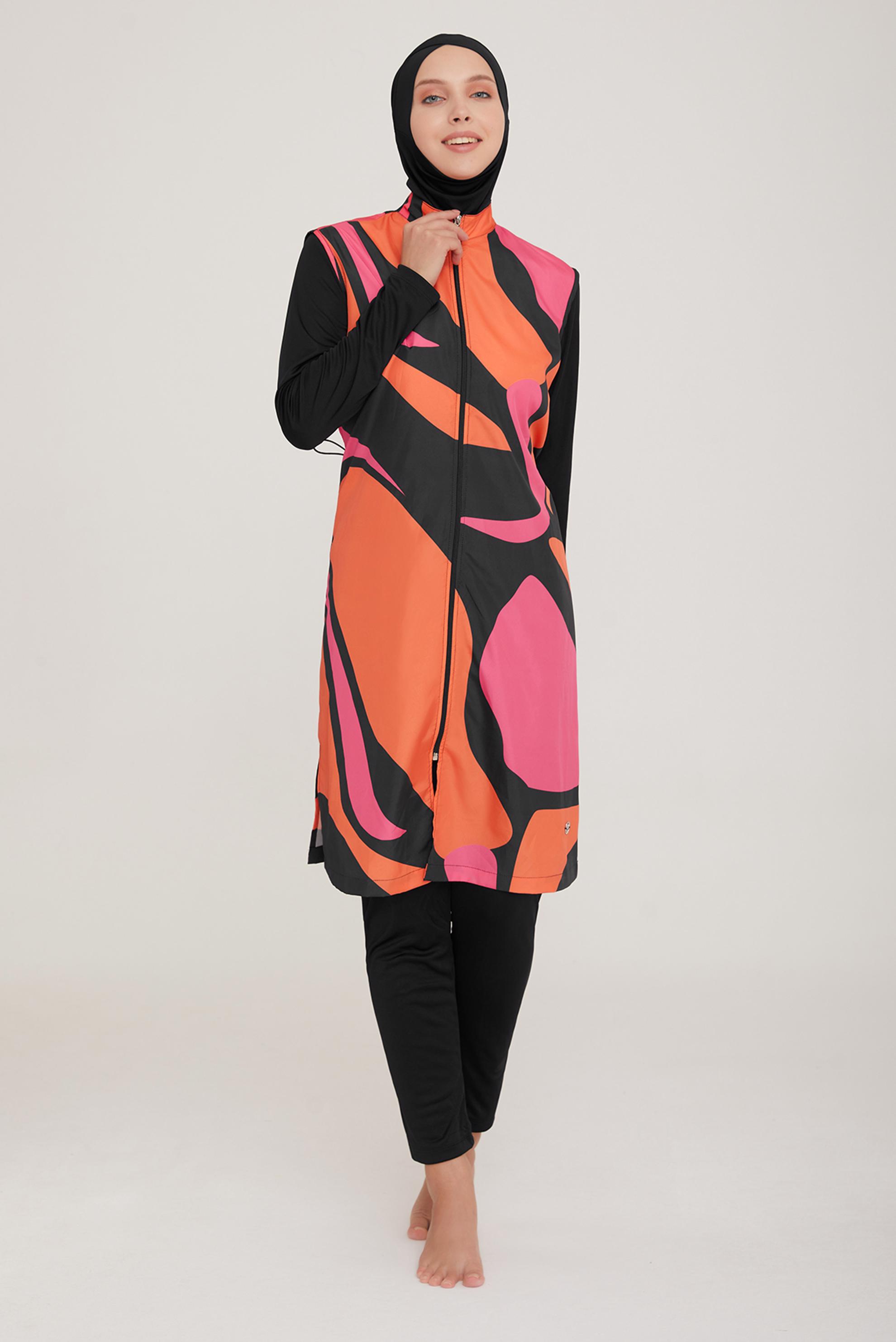 Tesettür giyim SİYAH RENK BLOKLU FERMUARLI TESETTÜR MAYO TAKIM 9041