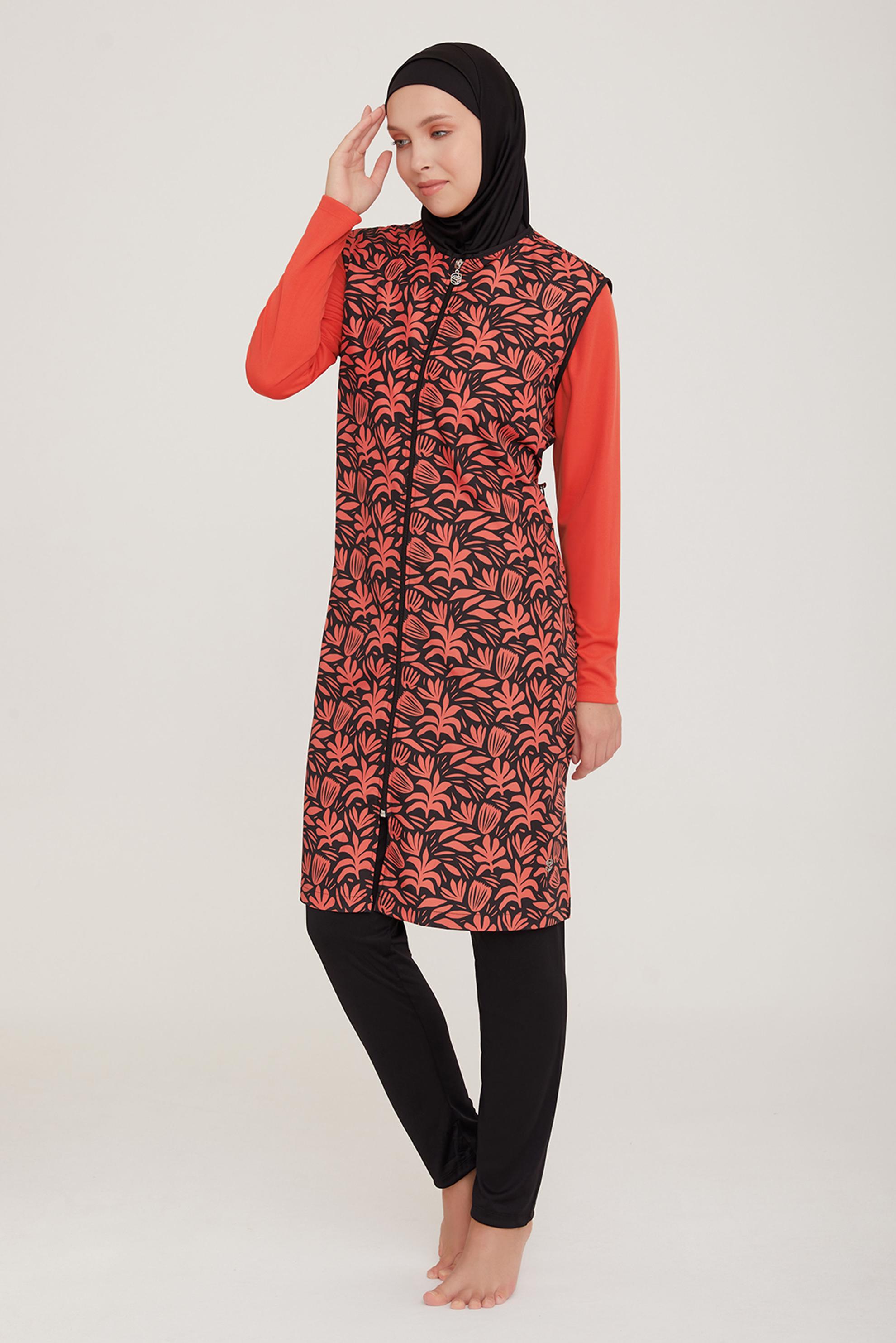 Tesettür giyim SİYAH DESENLİ FERMUARLI TESETTÜR MAYO TAKIMI 9042