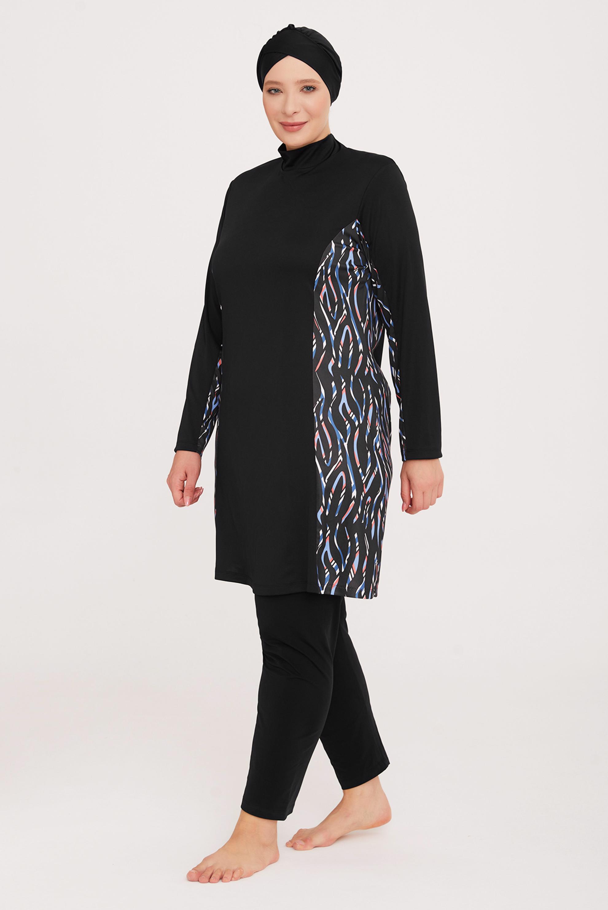 Tesettür giyim SİYAH DESENLİ BÜYÜK BEDEN TESETTÜR MAYO TAKIM 9104