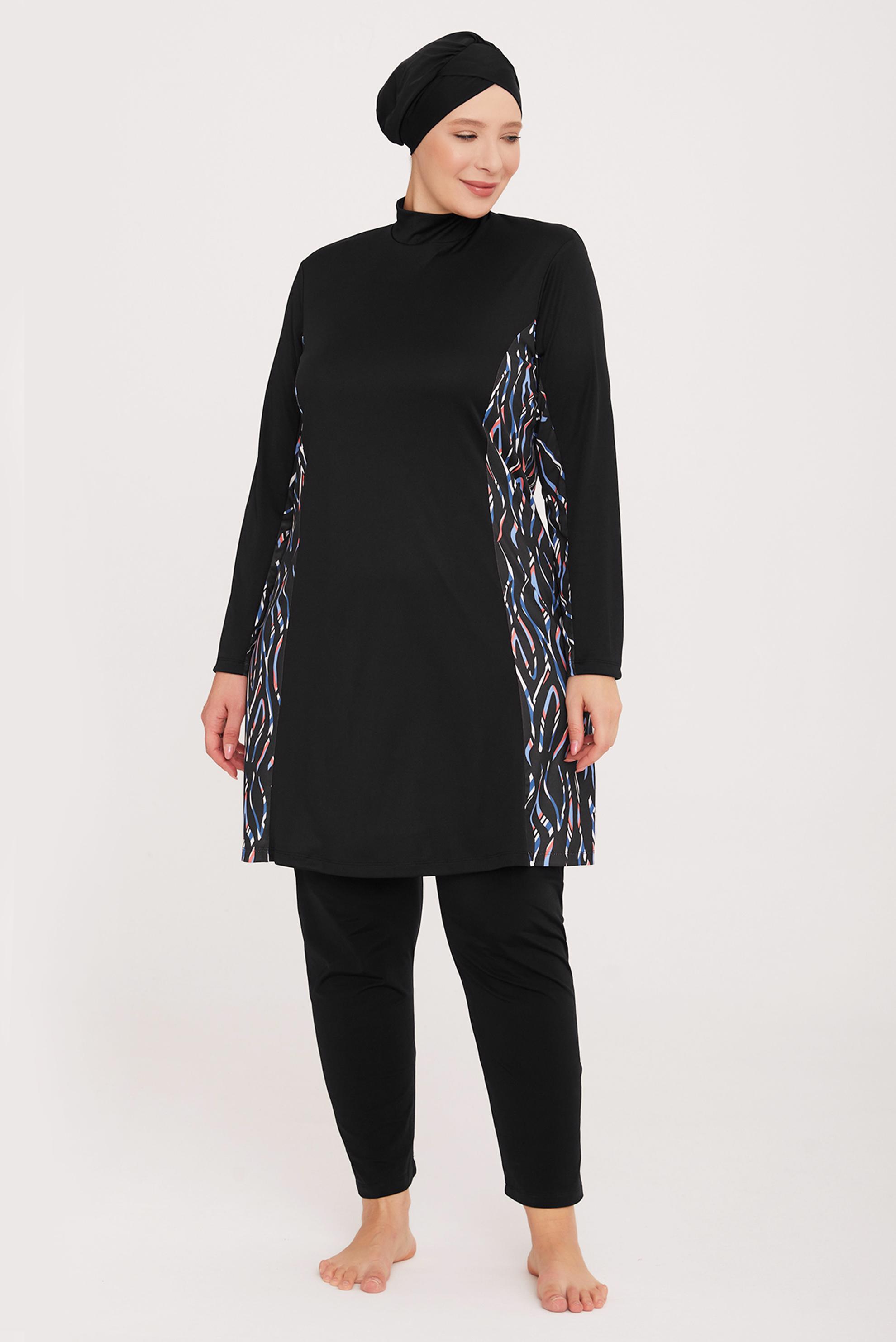 Tesettür giyim SİYAH DESENLİ BÜYÜK BEDEN TESETTÜR MAYO TAKIM 9104