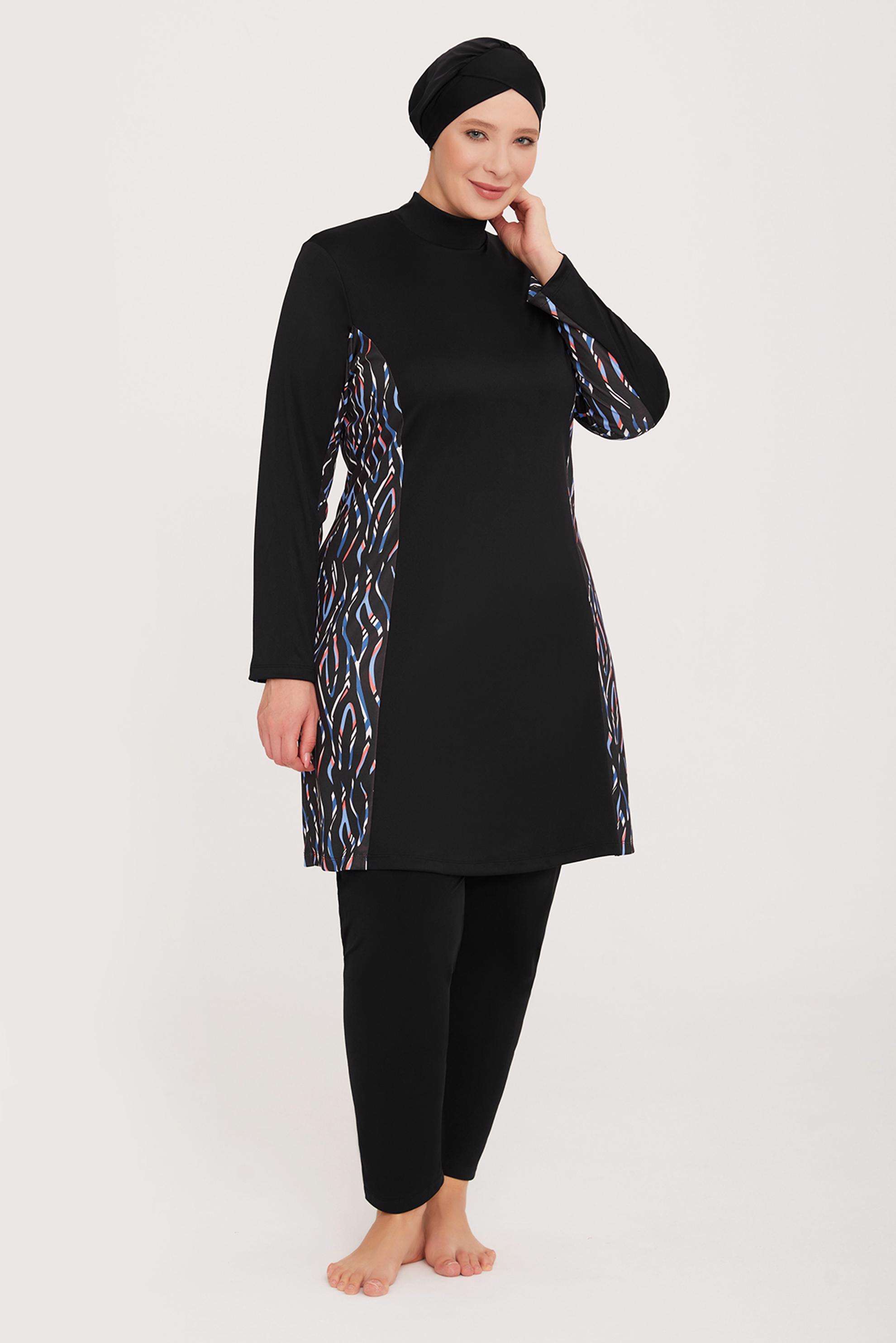 Tesettür giyim SİYAH DESENLİ BÜYÜK BEDEN TESETTÜR MAYO TAKIM 9104