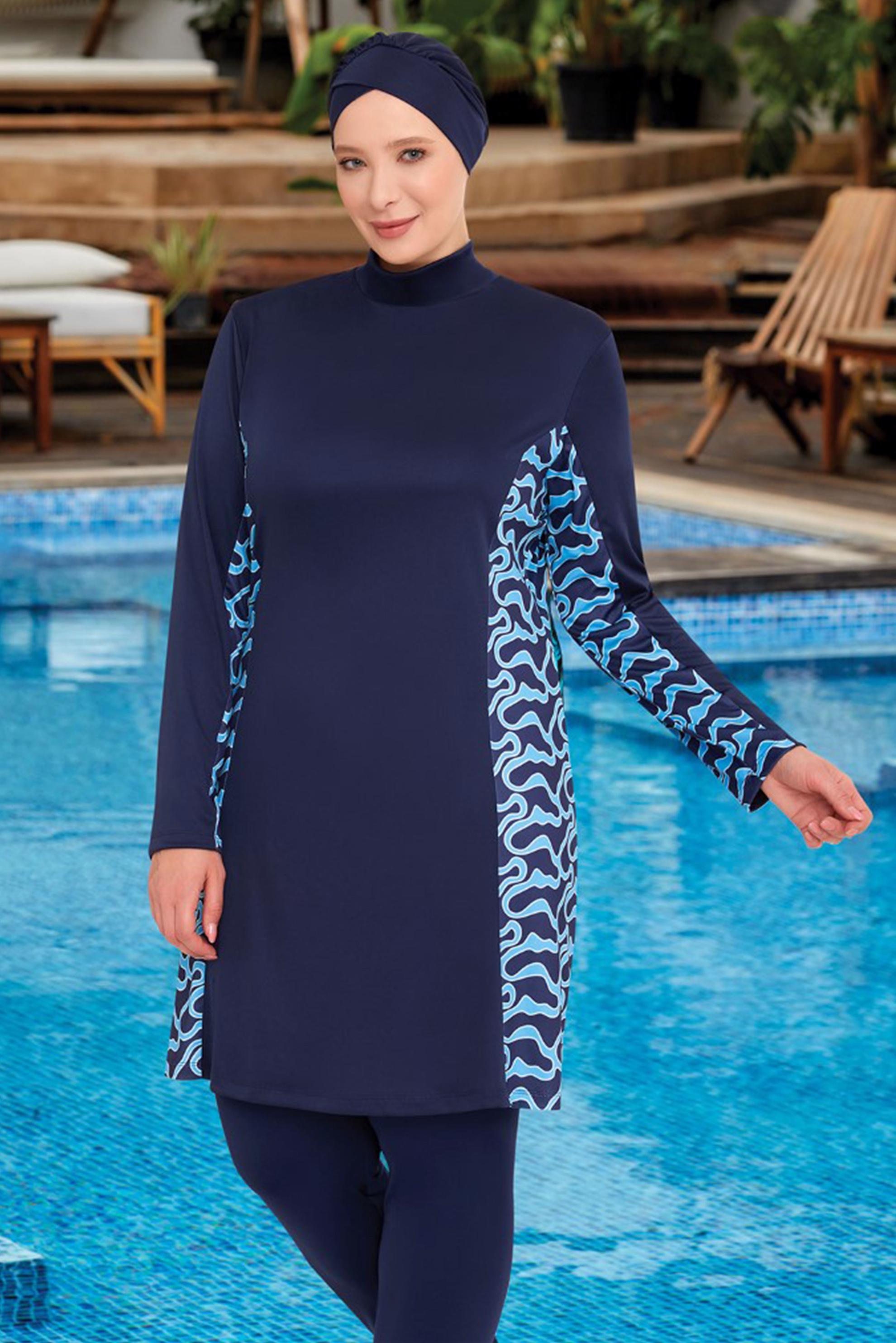 Tesettür giyim LACİVERT YANI DESENLİ BÜYÜK BEDEN MAYO TAKIM 9105 