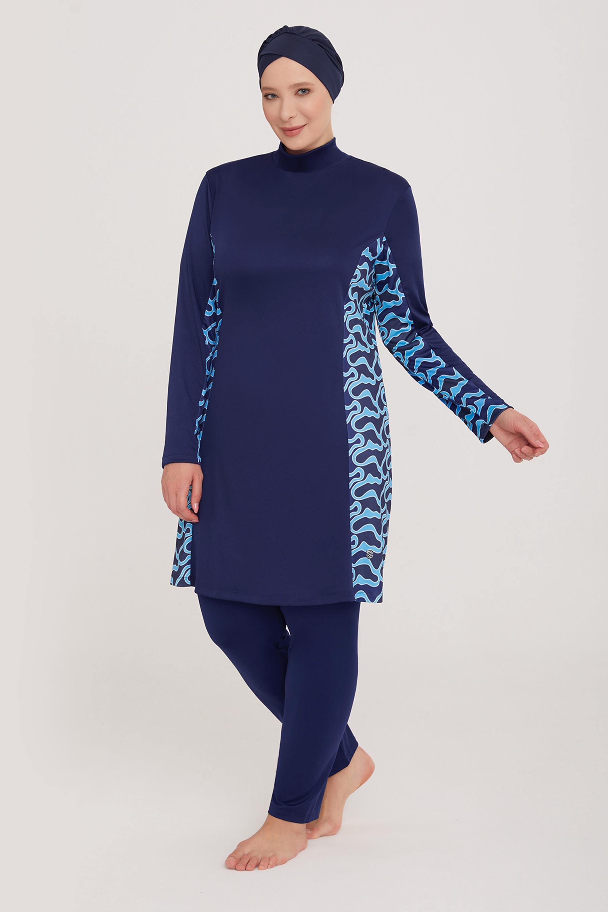 Tesettür giyim LACİVERT YANI DESENLİ BÜYÜK BEDEN MAYO TAKIM 9105 