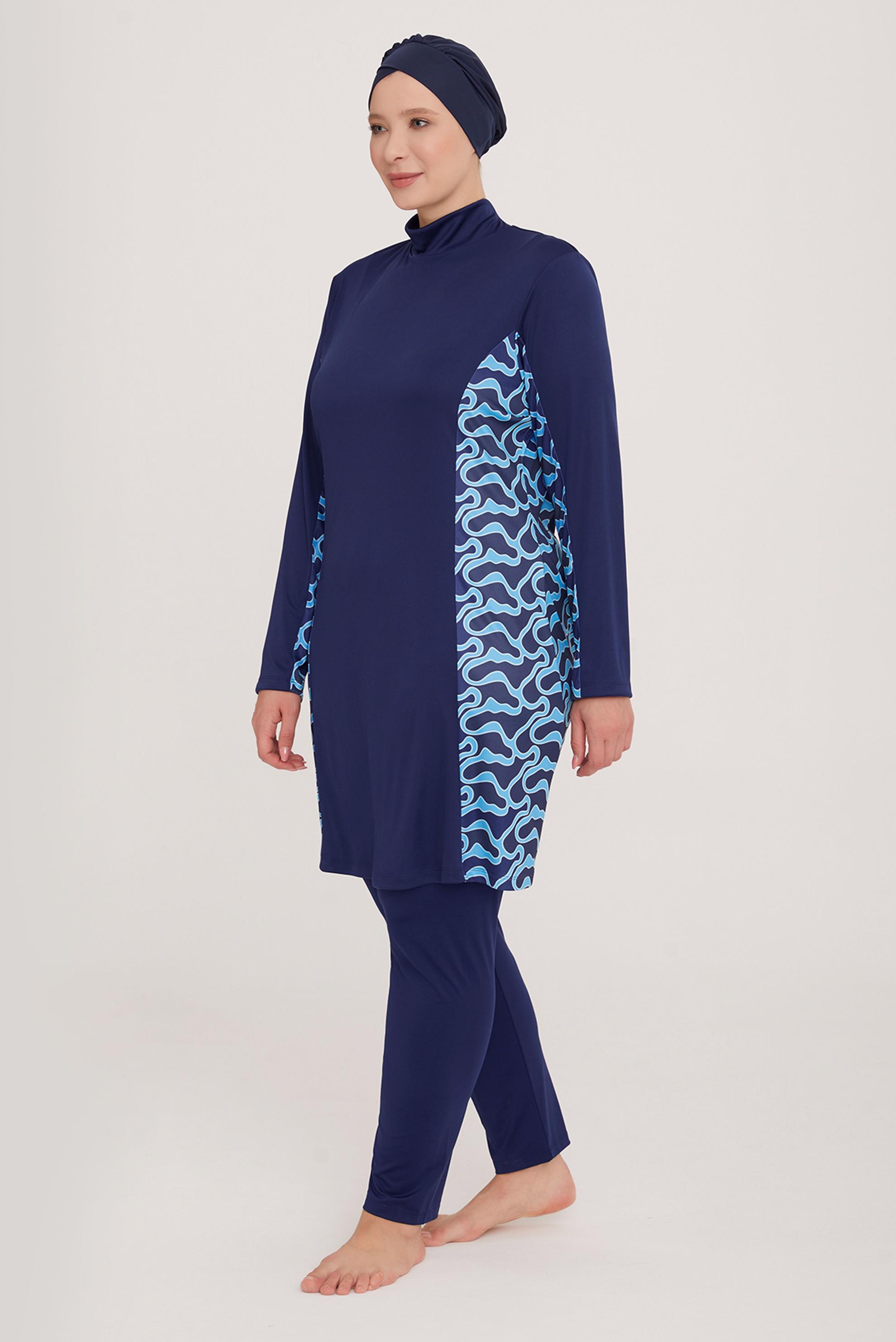Tesettür giyim LACİVERT YANI DESENLİ BÜYÜK BEDEN MAYO TAKIM 9105 