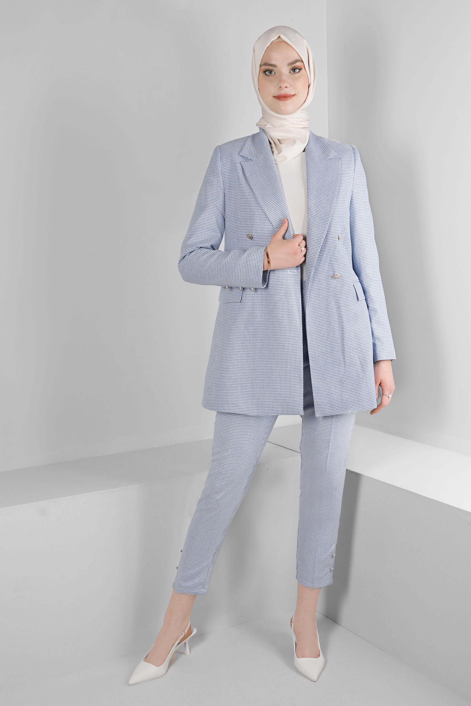 Tesettür giyim LACİVERT DÜĞME DETAYLI PÖTİKARE DESEN PANTOLON 70501