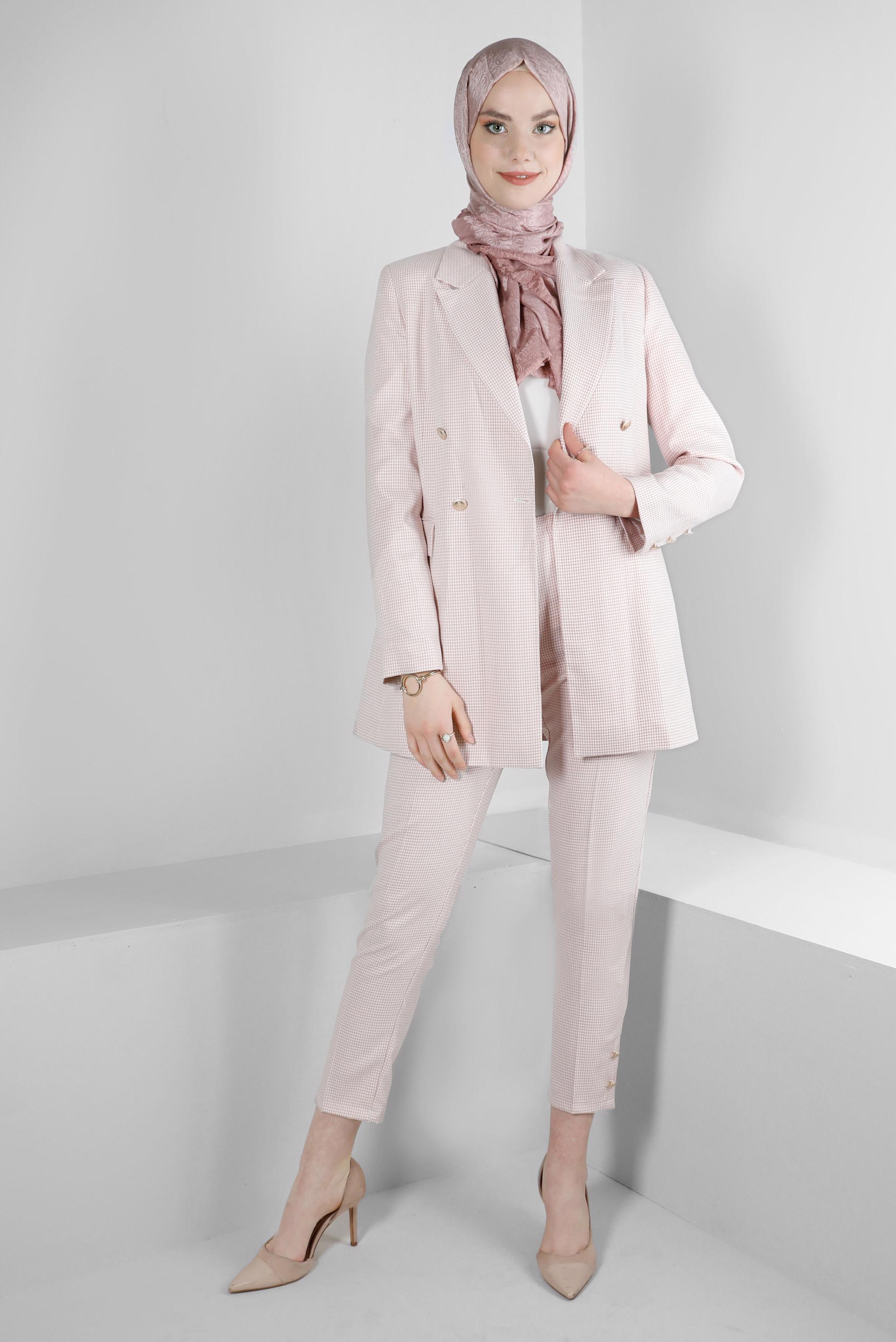 Tesettür giyim KAHVE DÜĞME DETAYLI PÖTİKARE DESEN PANTOLON 70501