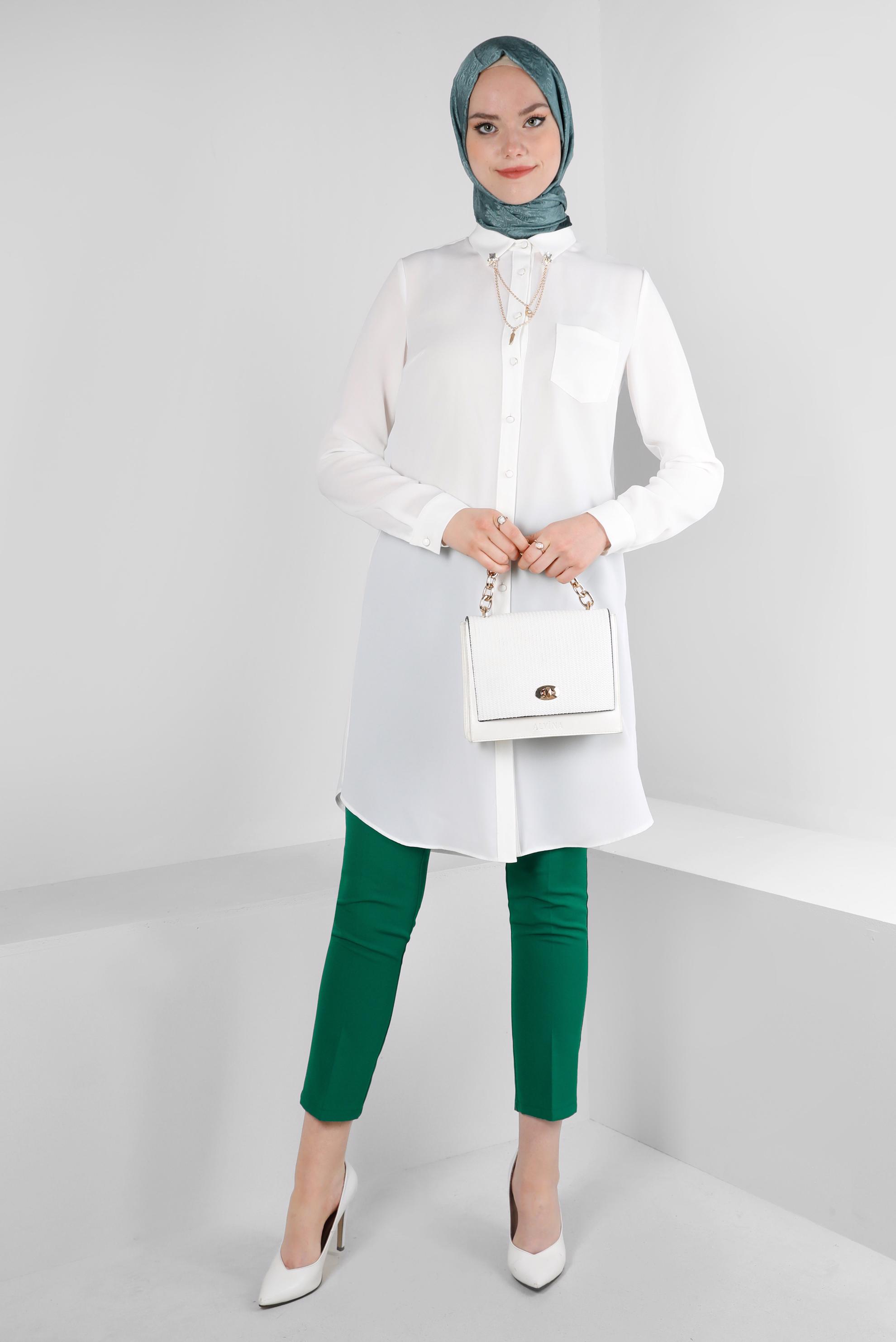 Tesettür giyim YEŞİL ÇİFT DÜĞMELİ DAR PAÇA KLASİK PANTOLON 70503