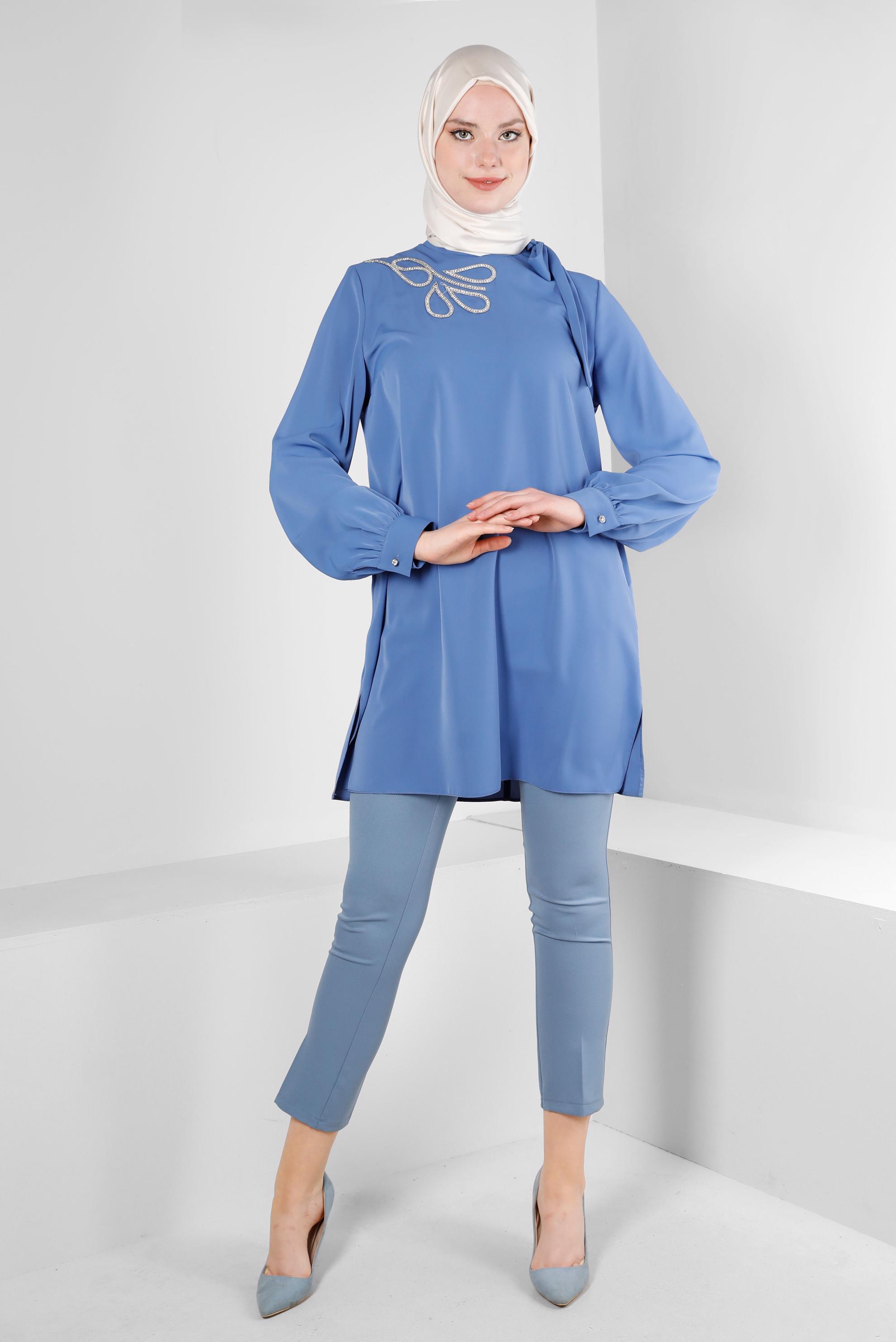 Tesettür giyim MAVİ DAR PAÇA ÇİFT DÜĞMELİ PANTOLON 70505
