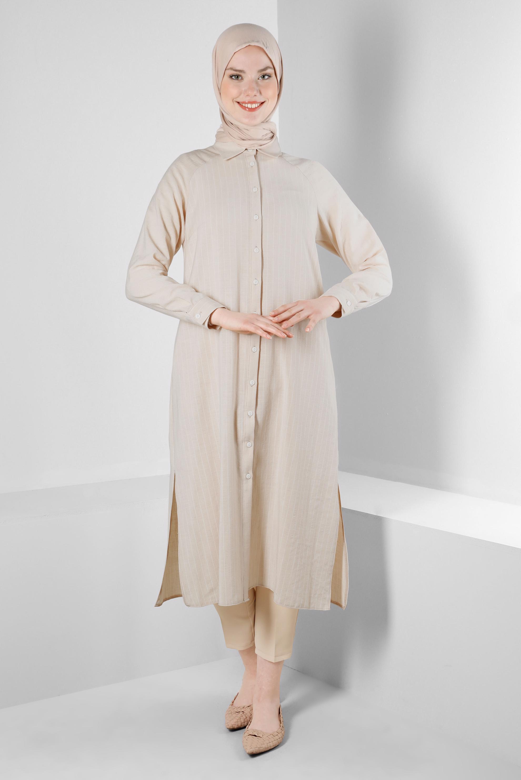 Tesettür giyim EKRU DAR PAÇA ÇİFT DÜĞMELİ PANTOLON 70505