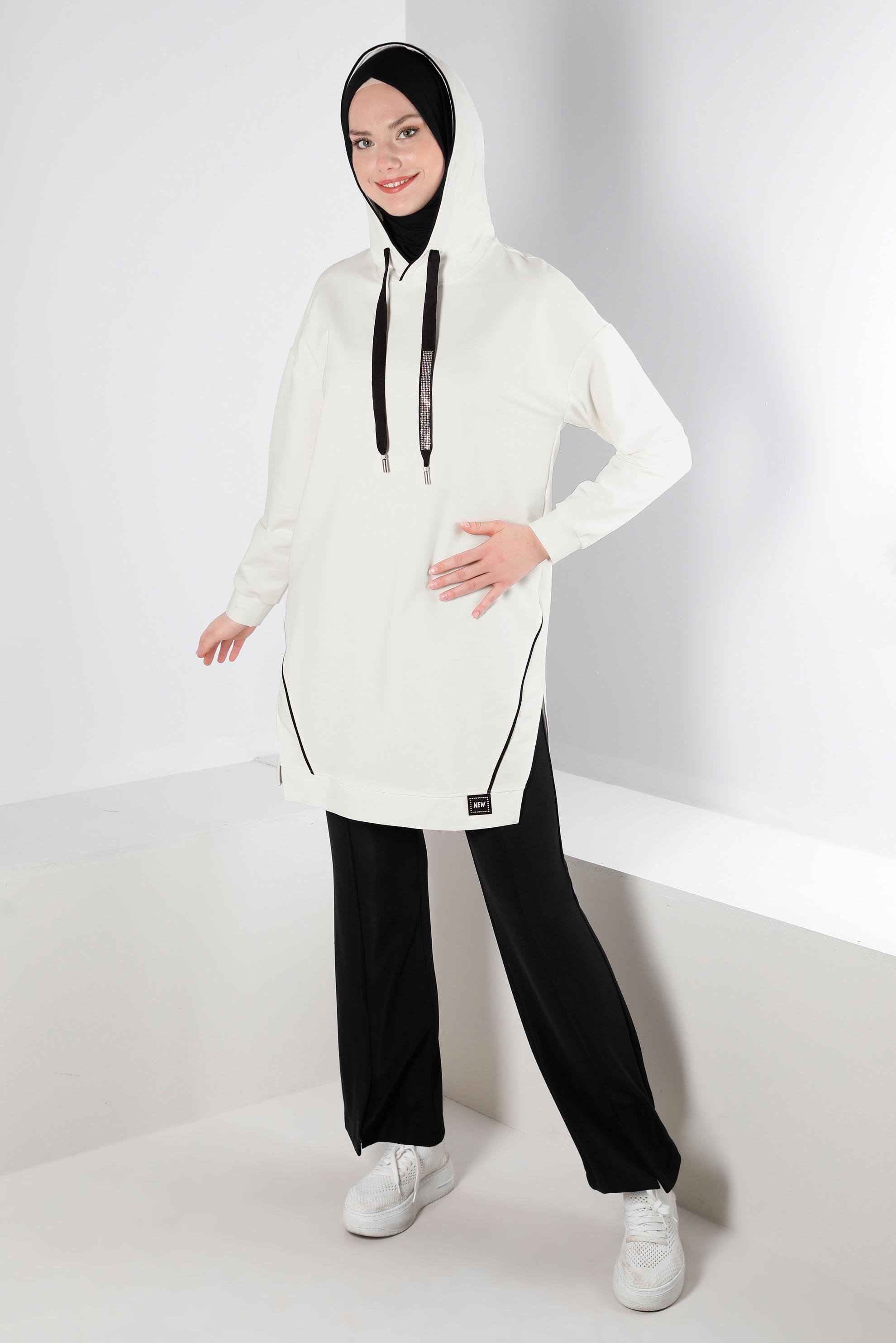 Tesettür giyim SİYAH BELİ LASTİKLİ YIRTMAÇ DETAYLI PANTOLON 70506