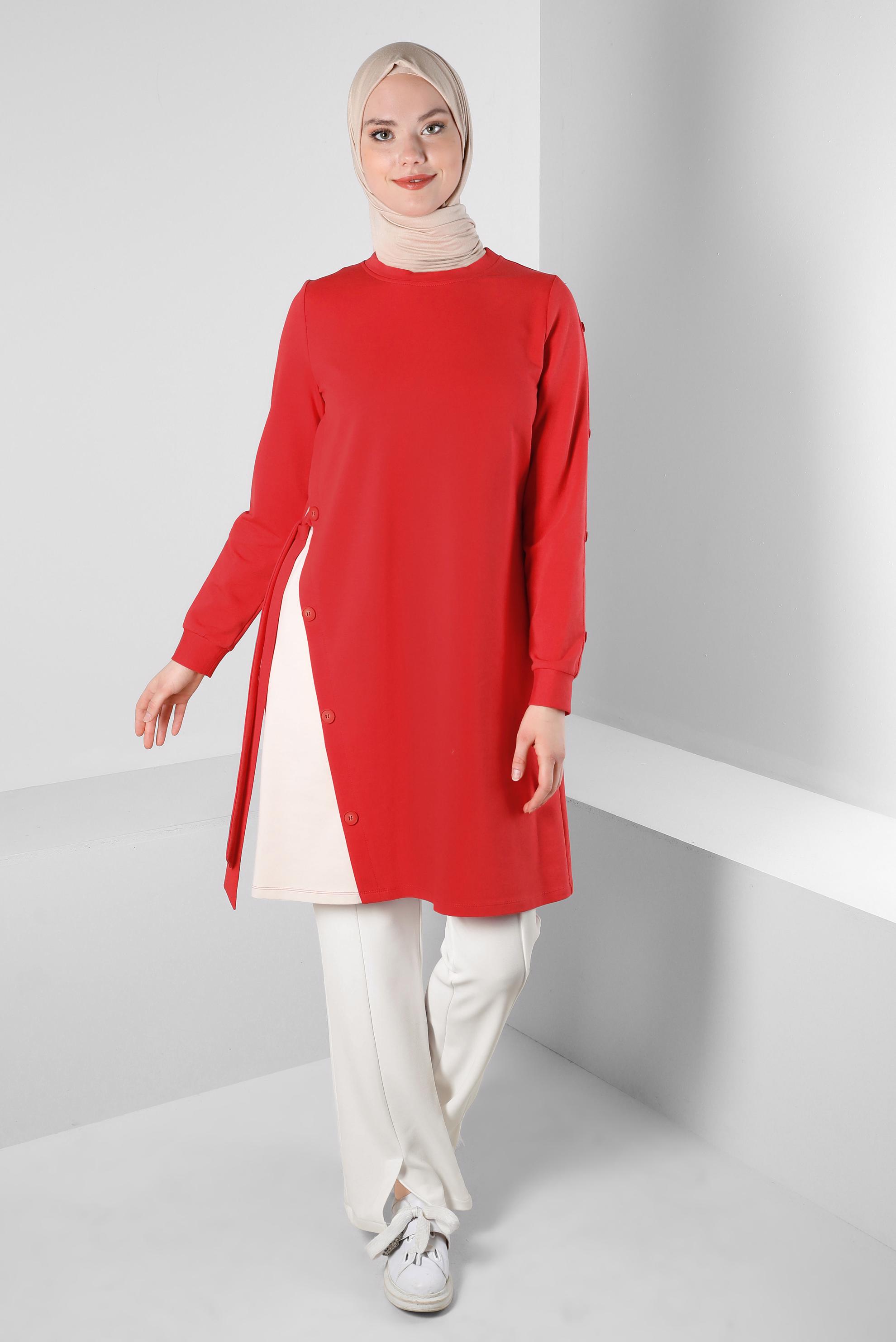 Tesettür giyim BEYAZ BELİ LASTİKLİ YIRTMAÇ DETAYLI PANTOLON 70506