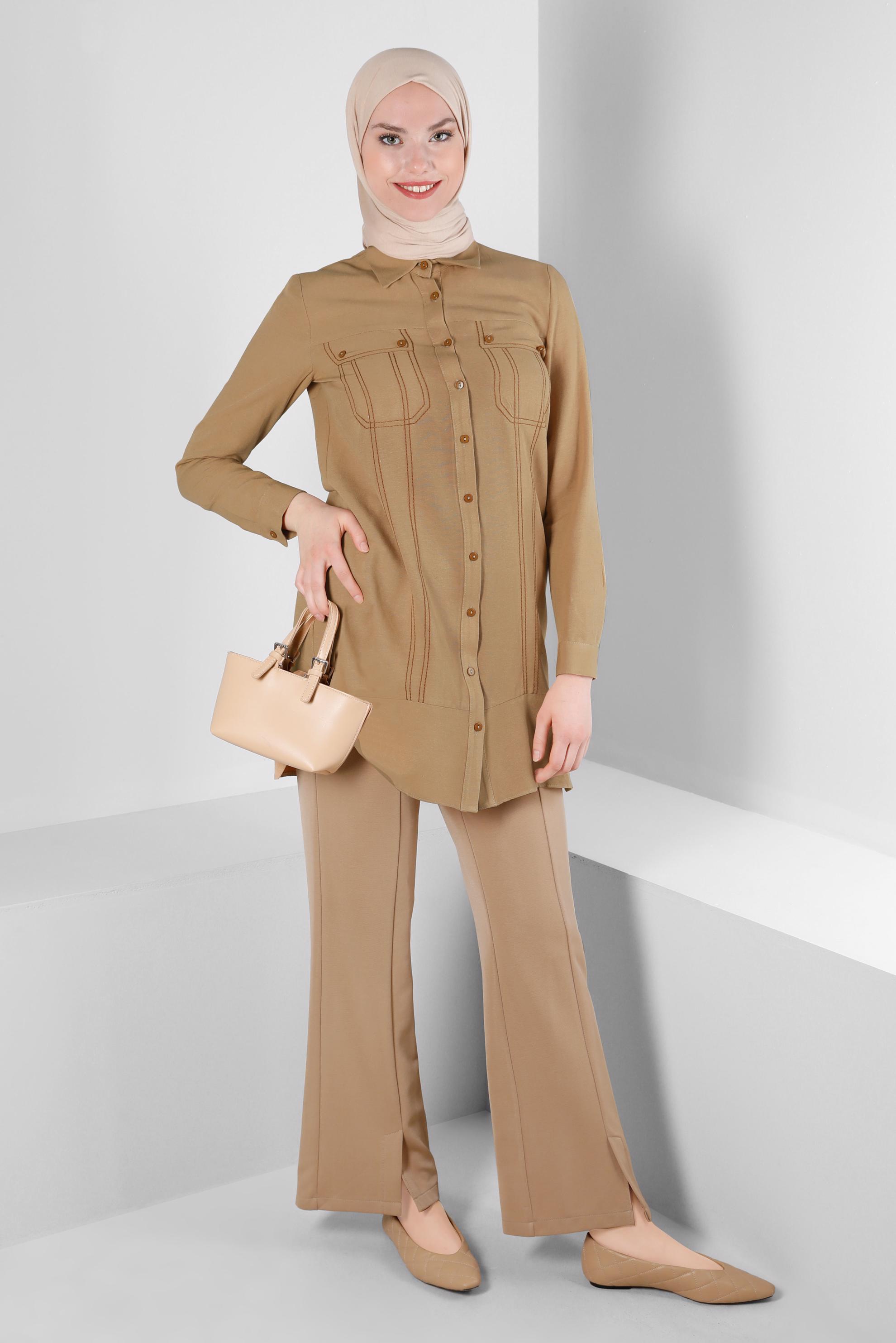 Tesettür giyim KAHVE BELİ LASTİKLİ YIRTMAÇ DETAYLI PANTOLON 70506