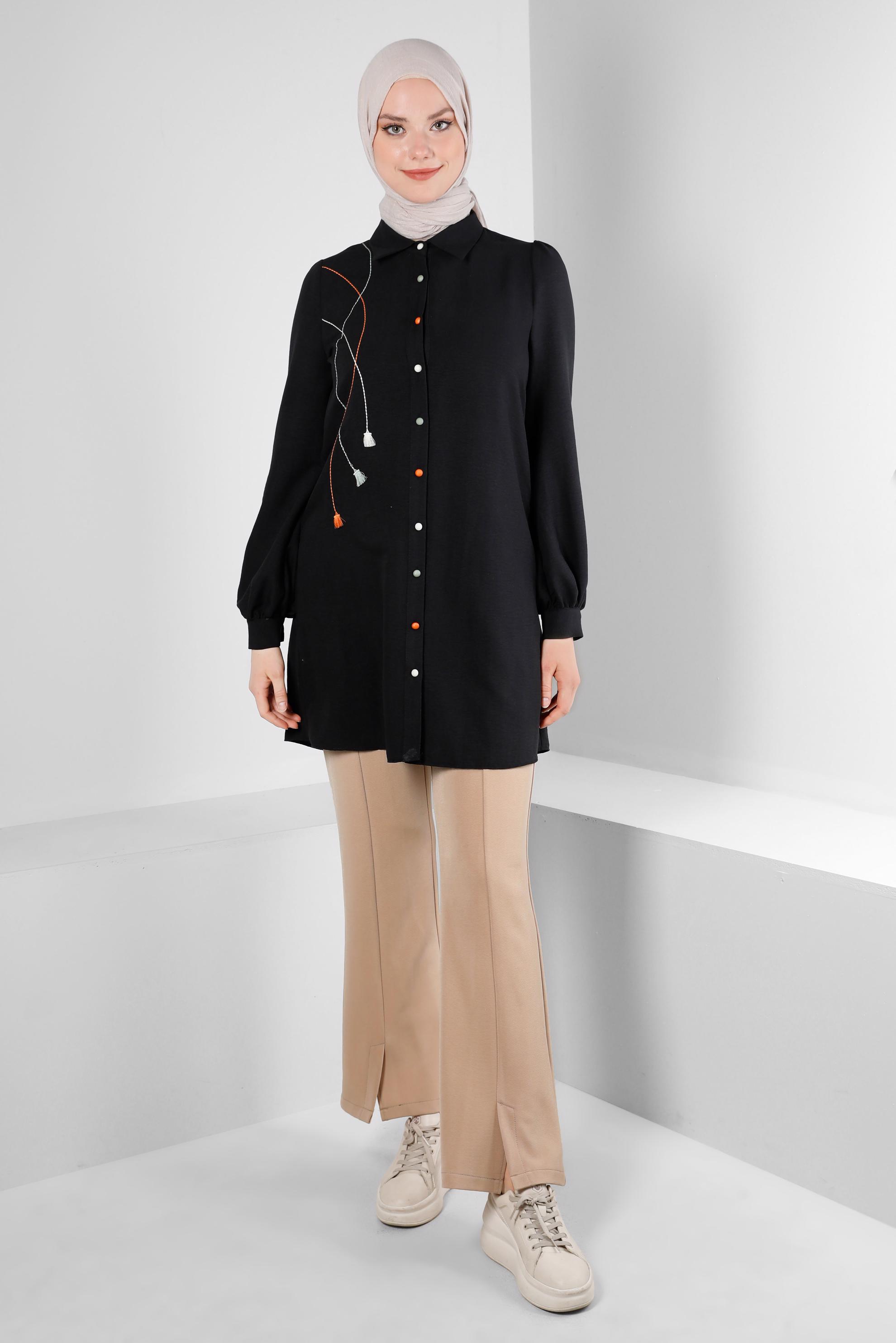 Tesettür giyim KUM BELİ LASTİKLİ YIRTMAÇ DETAYLI PANTOLON 70506