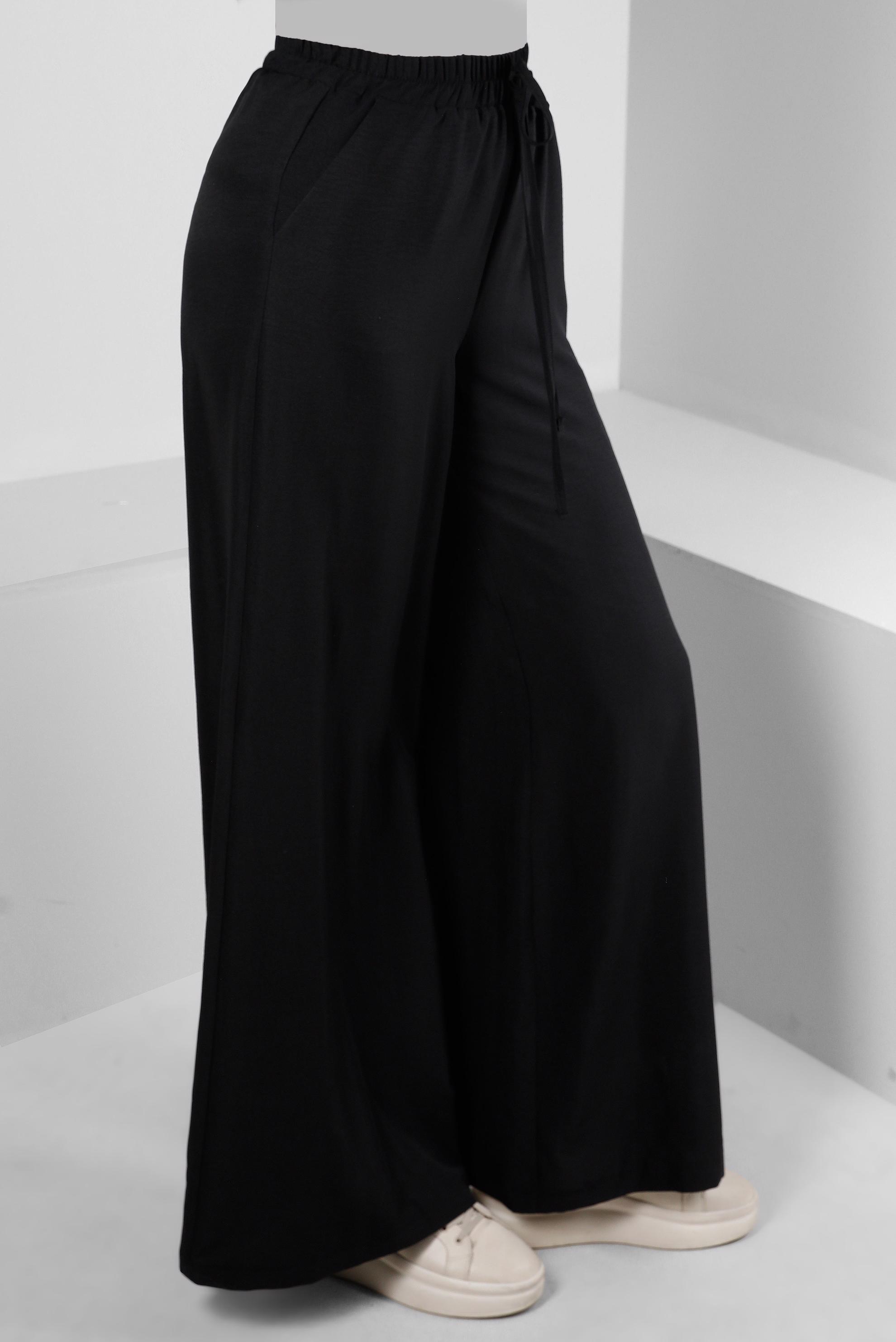 Tesettür giyim SİYAH GENİŞ PAÇA BELİ LASTİKLİ PANTOLON 70507