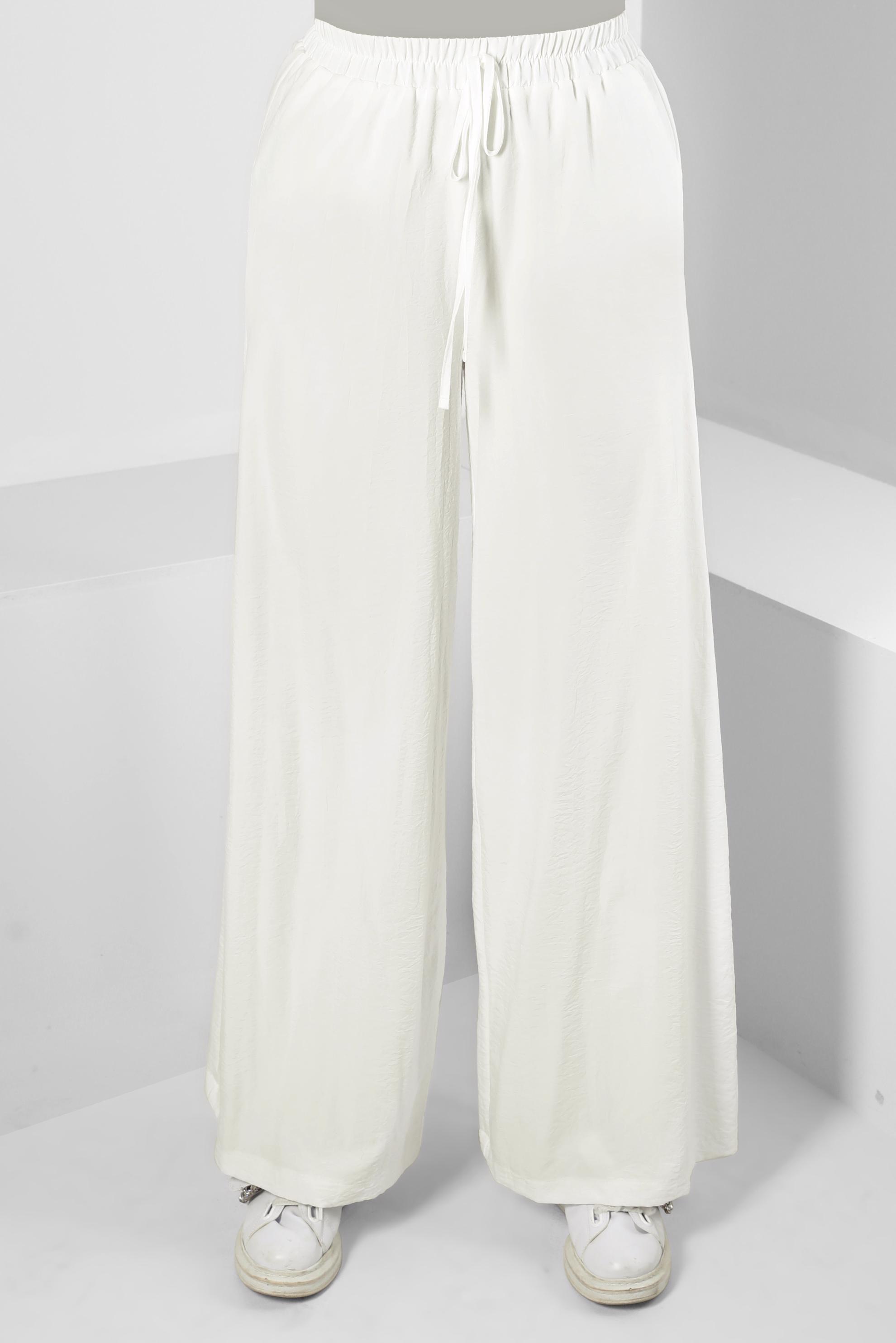 Tesettür giyim BEYAZ GENİŞ PAÇA BELİ LASTİKLİ PANTOLON 70507