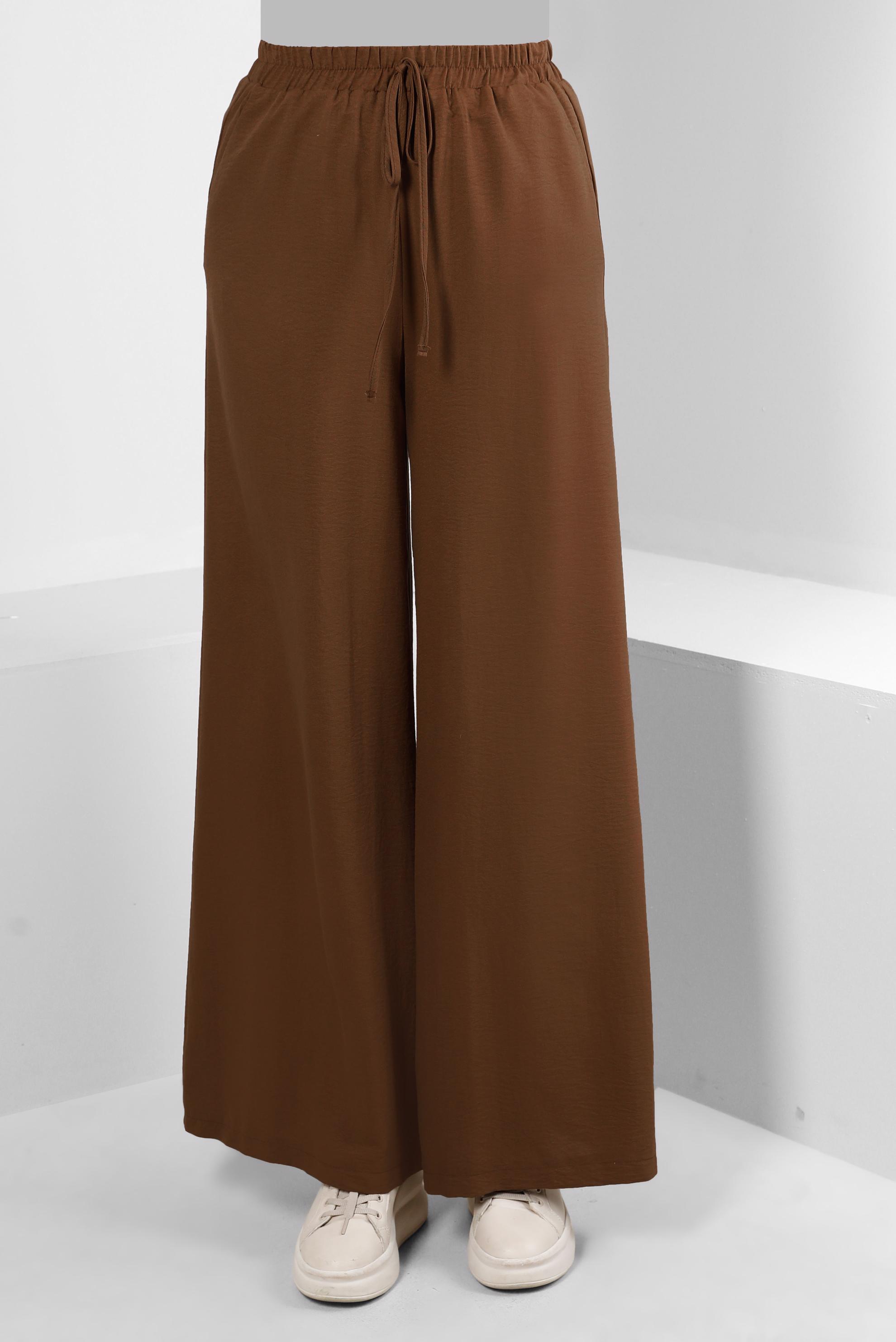 Tesettür giyim KAHVE GENİŞ PAÇA BELİ LASTİKLİ PANTOLON 70507