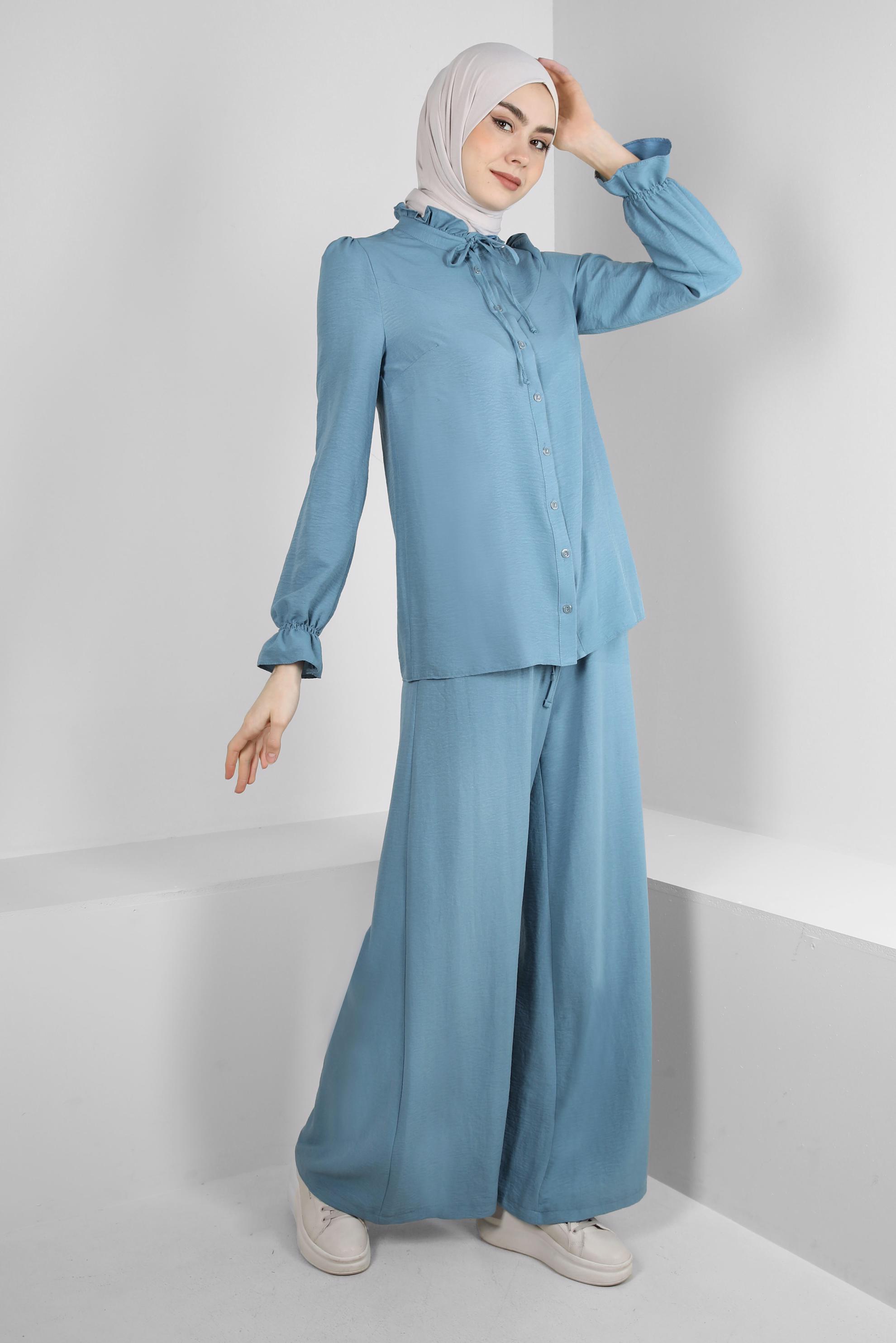 Tesettür giyim MAVİ GENİŞ PAÇA BELİ LASTİKLİ PANTOLON 70507