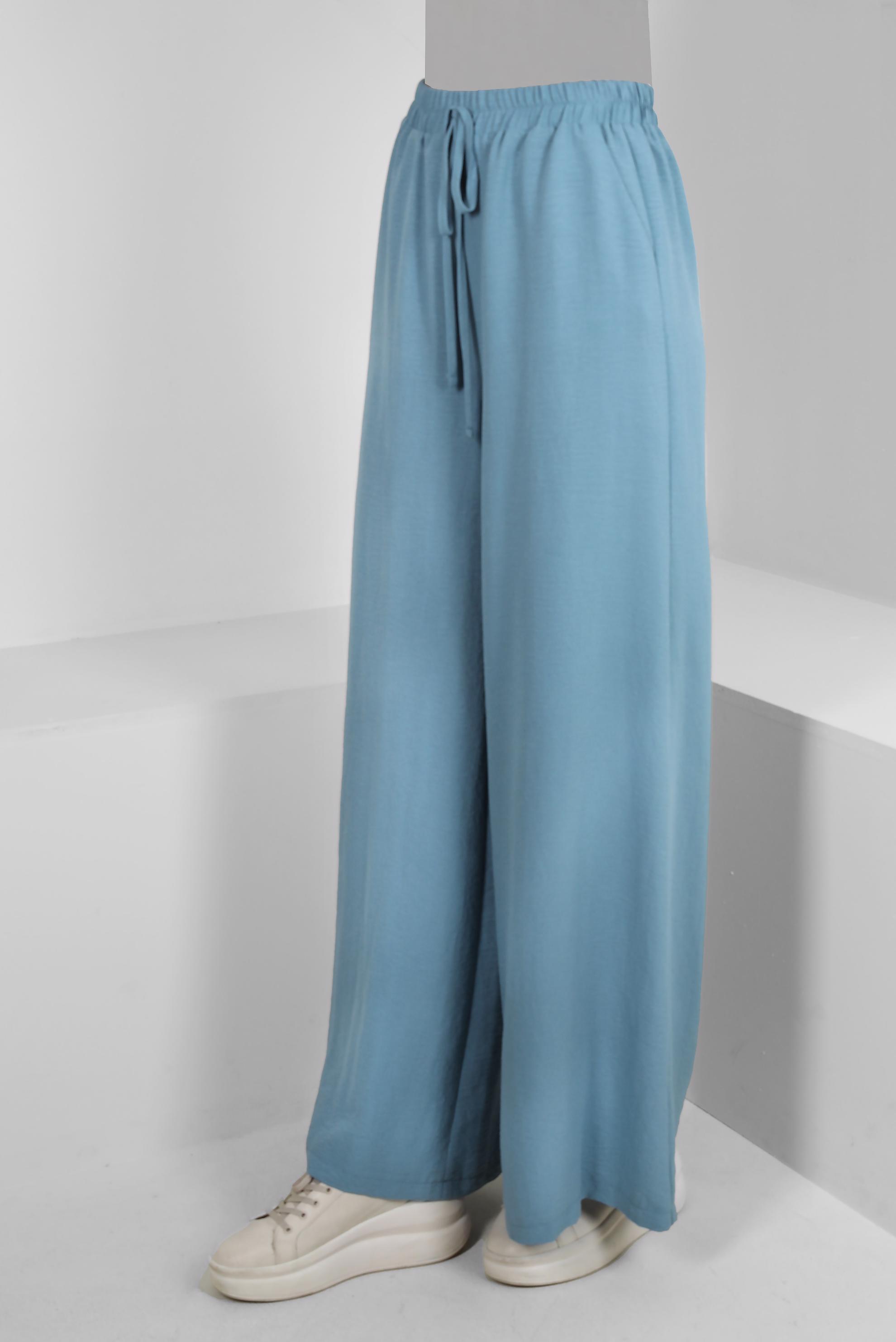 Tesettür giyim MAVİ GENİŞ PAÇA BELİ LASTİKLİ PANTOLON 70507