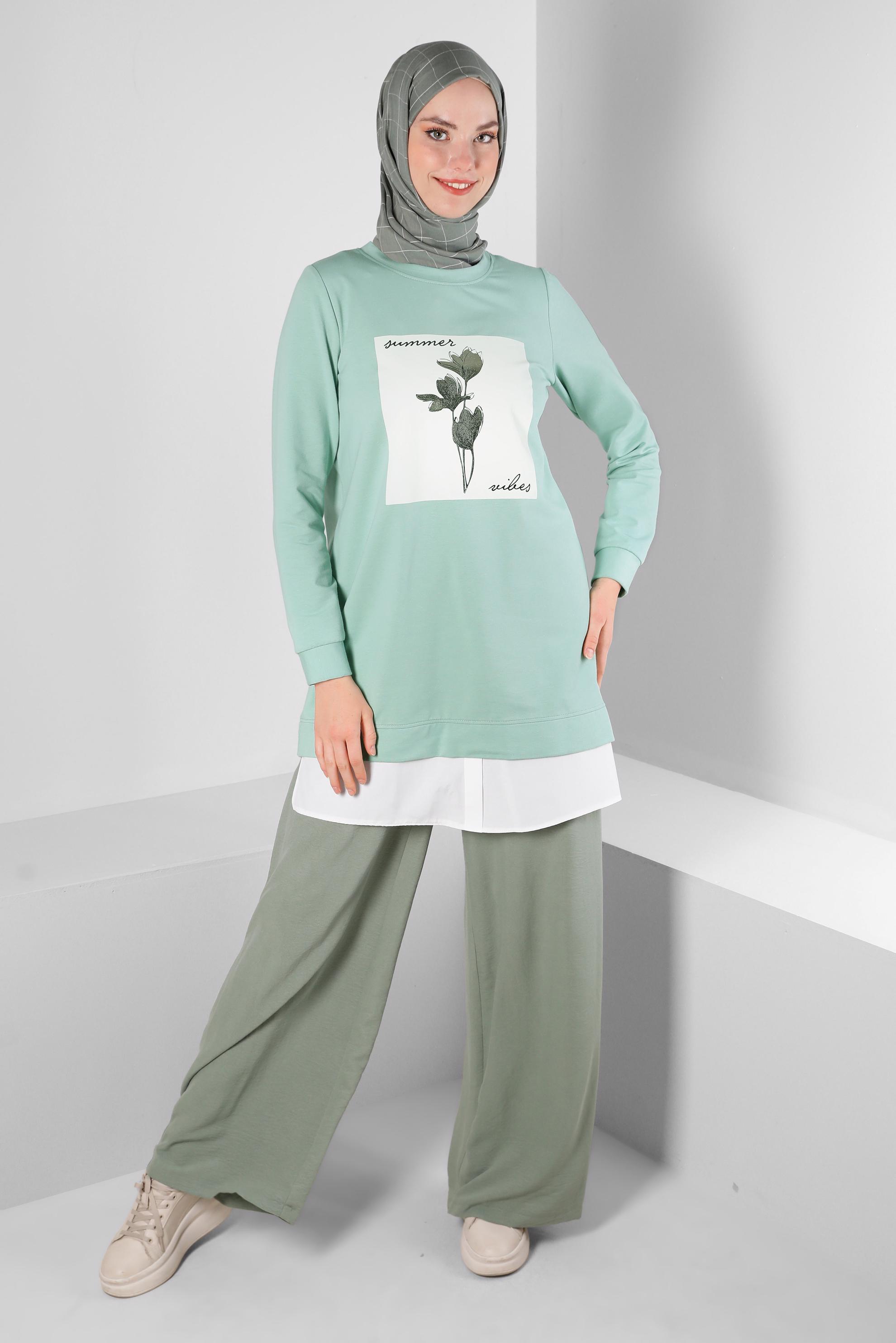 Tesettür giyim YEŞİL GENİŞ PAÇA BELİ LASTİKLİ PANTOLON 70507