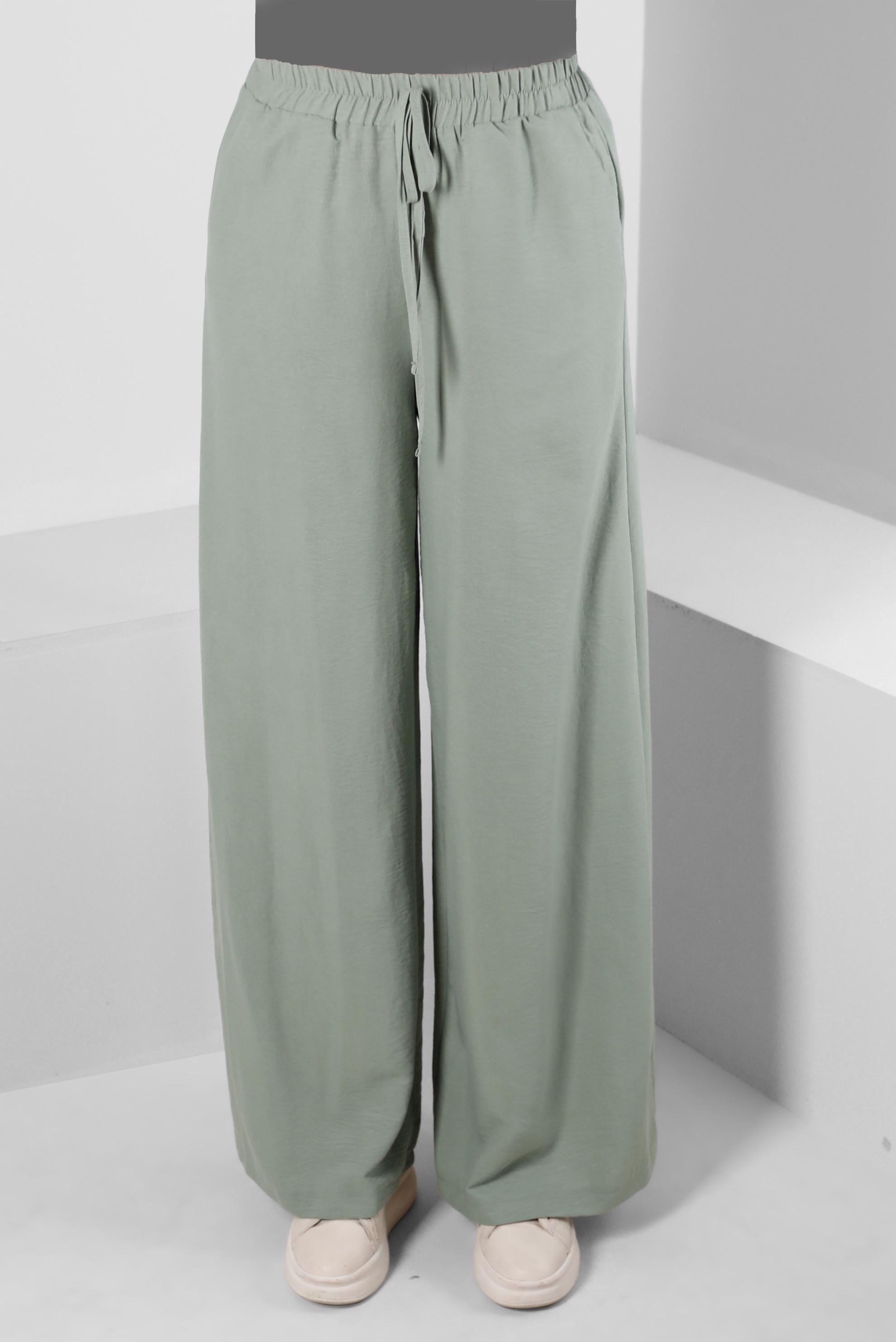 Tesettür giyim YEŞİL GENİŞ PAÇA BELİ LASTİKLİ PANTOLON 70507