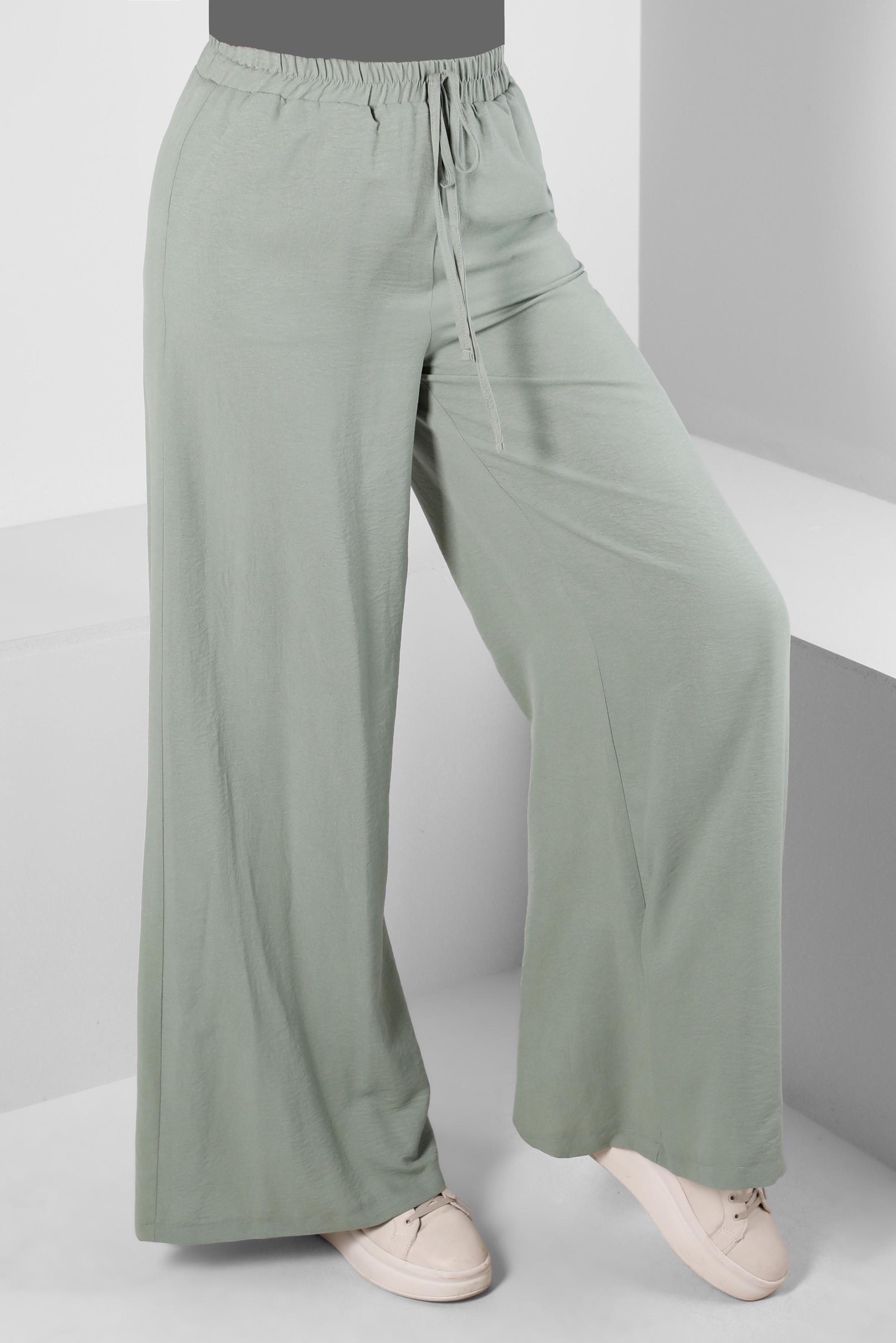 Tesettür giyim YEŞİL GENİŞ PAÇA BELİ LASTİKLİ PANTOLON 70507