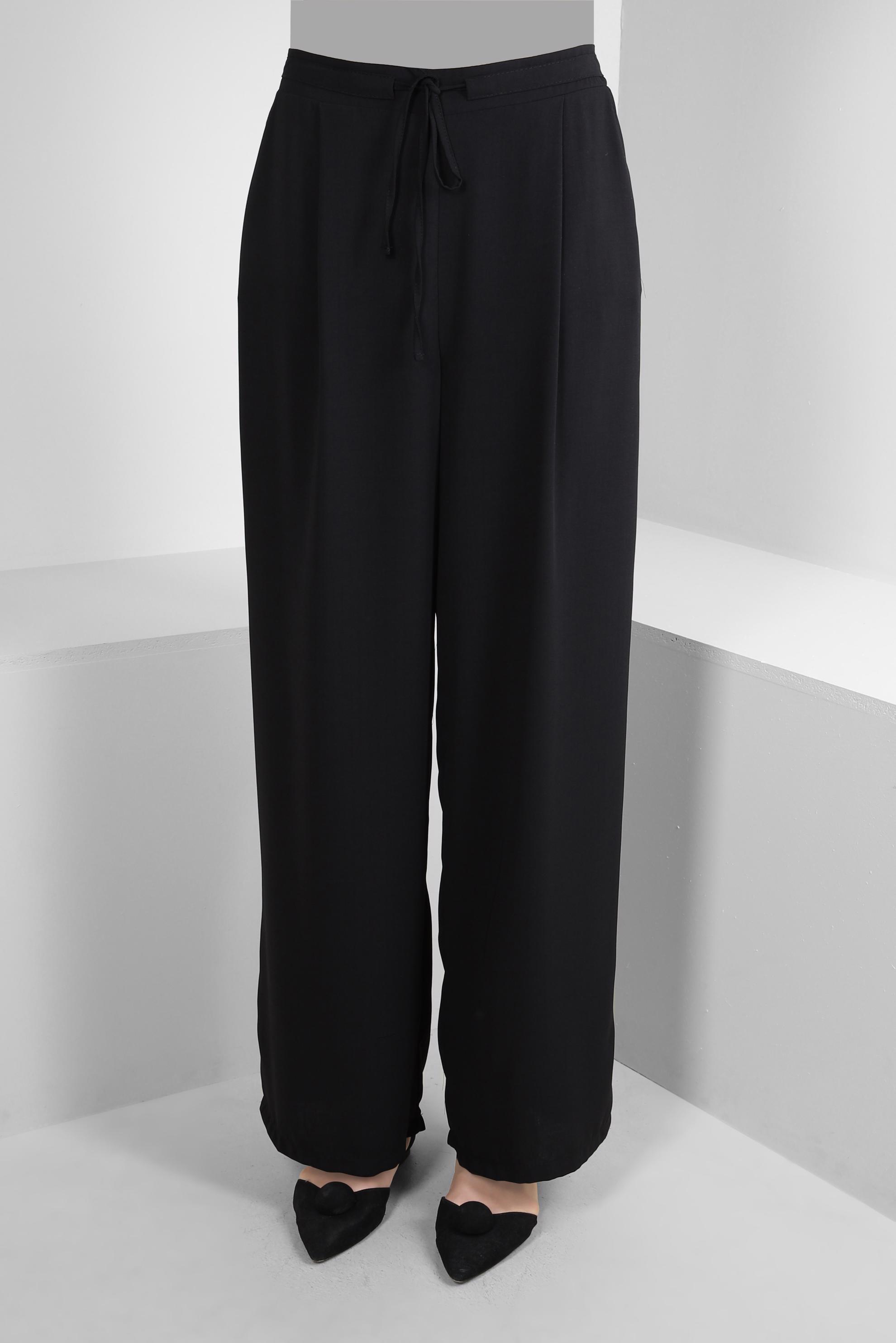 Tesettür giyim SİYAH BELİ LASTİKLİ BAĞCIKLI GENİŞ PAÇA PANTOLON 70509