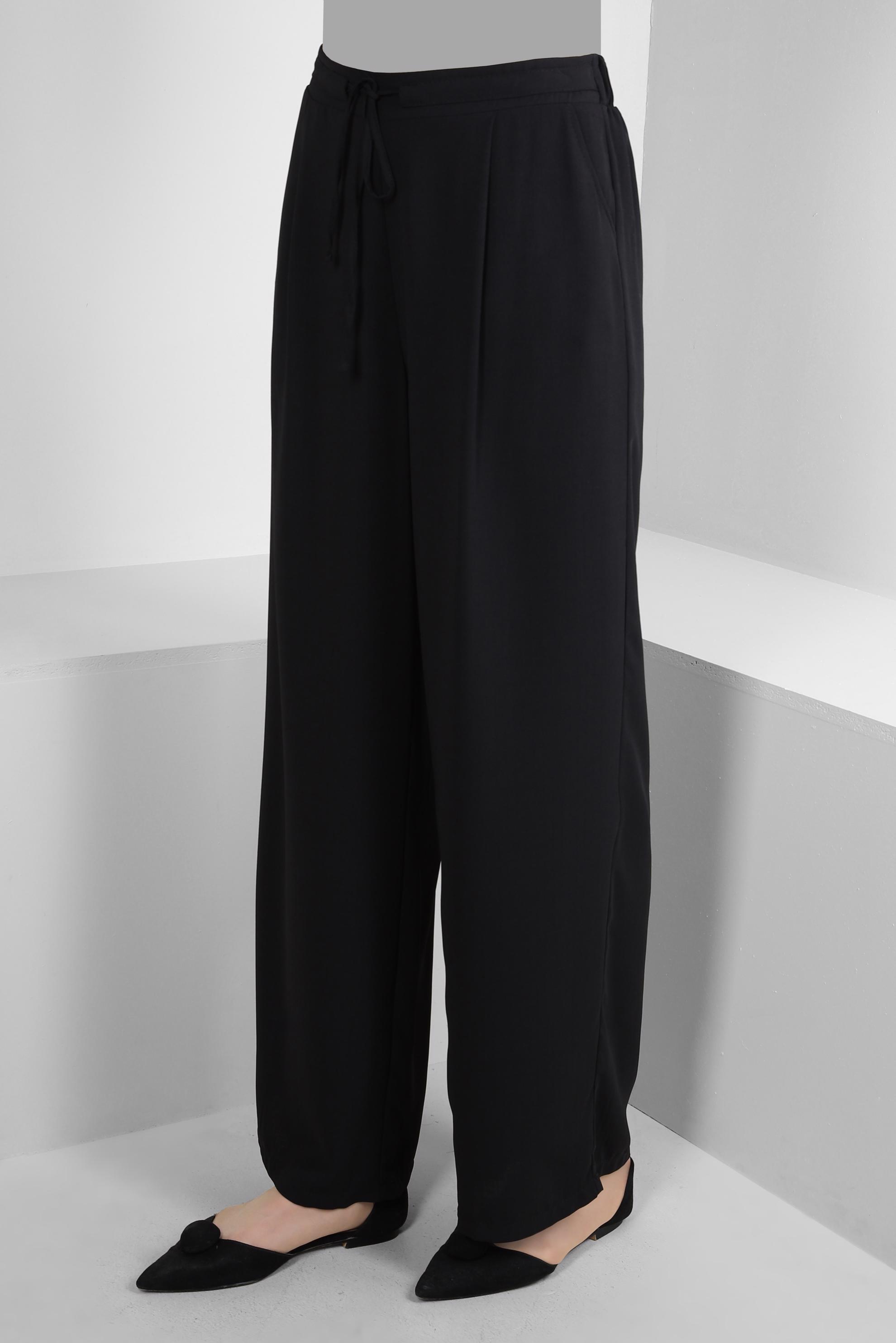 Tesettür giyim SİYAH BELİ LASTİKLİ BAĞCIKLI GENİŞ PAÇA PANTOLON 70509