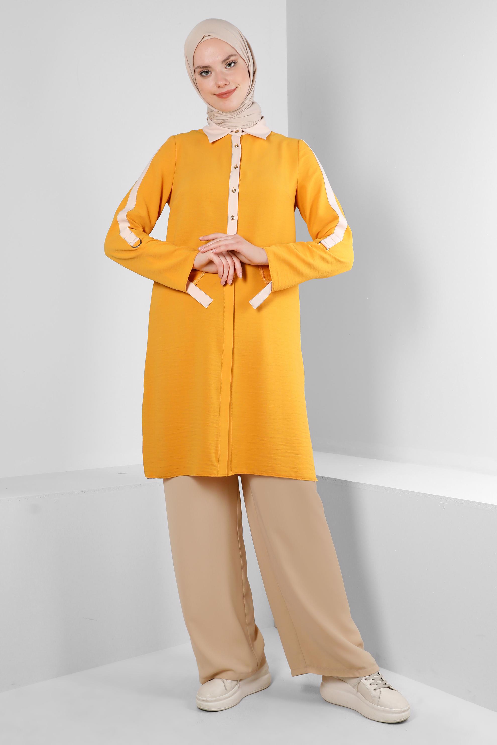 Tesettür giyim BEJ BELİ LASTİKLİ BAĞCIKLI GENİŞ PAÇA PANTOLON 70509