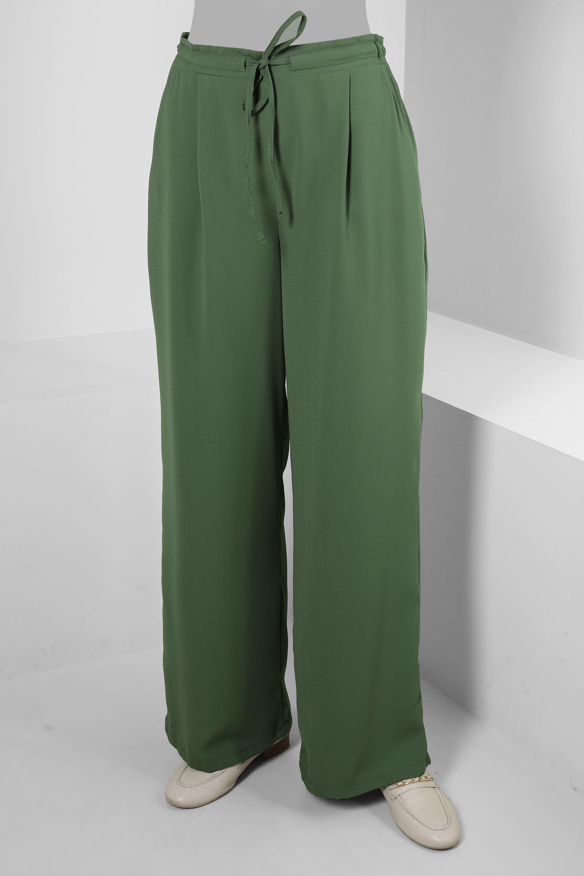 Tesettür giyim HAKİ BELİ LASTİKLİ BAĞCIKLI GENİŞ PAÇA PANTOLON 70509