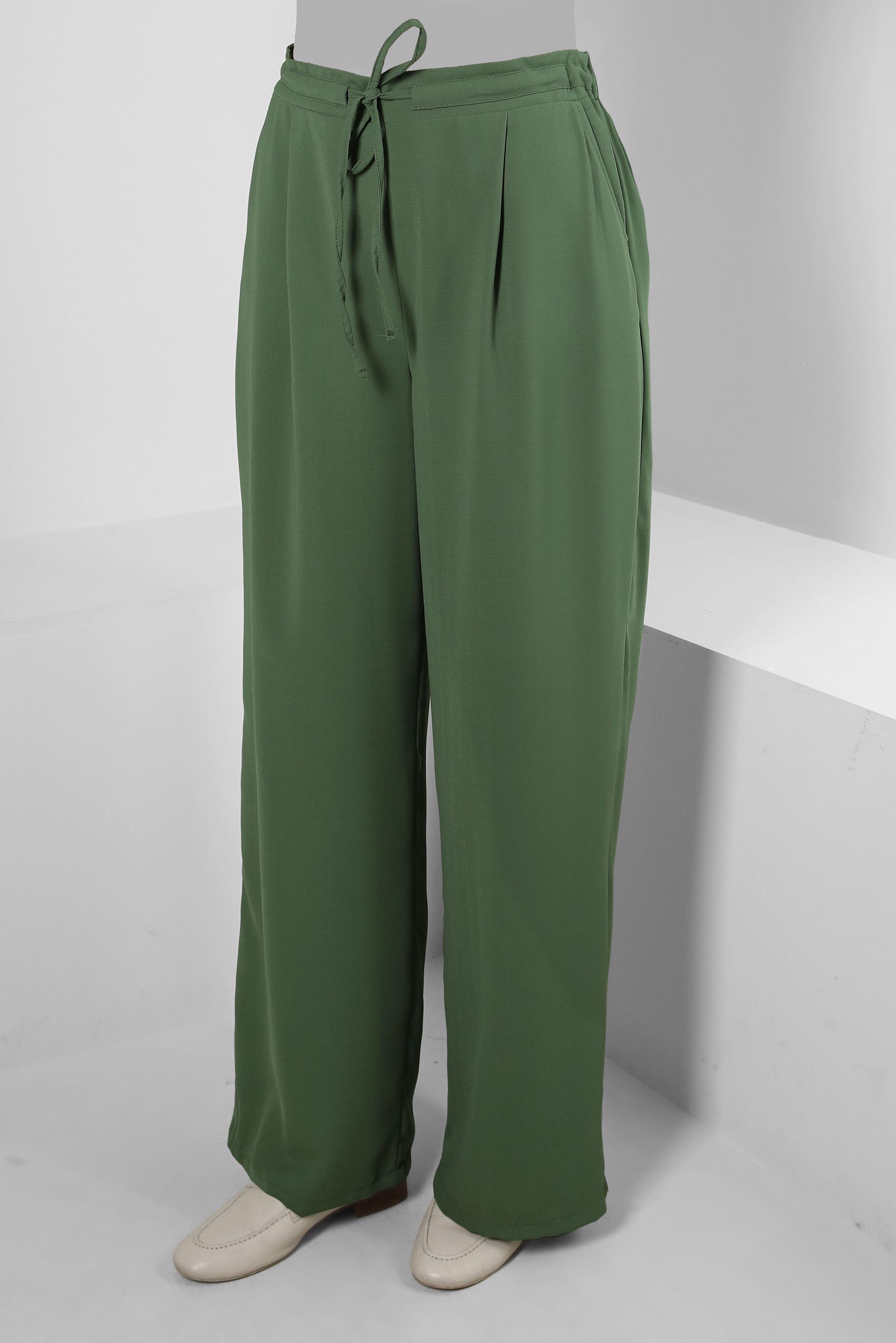 Tesettür giyim HAKİ BELİ LASTİKLİ BAĞCIKLI GENİŞ PAÇA PANTOLON 70509