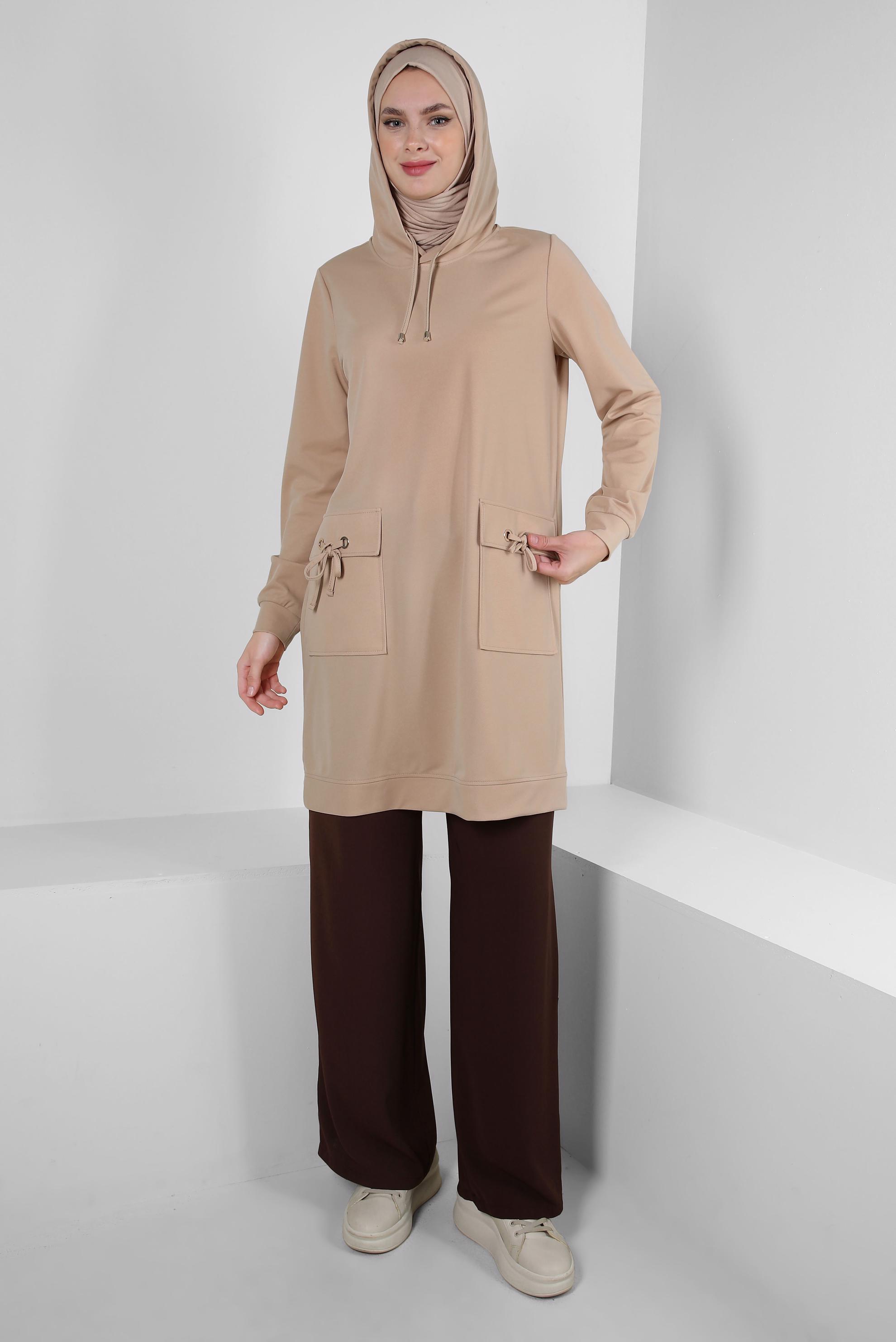 Tesettür giyim KAHVE BELİ LASTİKLİ BAĞCIKLI GENİŞ PAÇA PANTOLON 70509