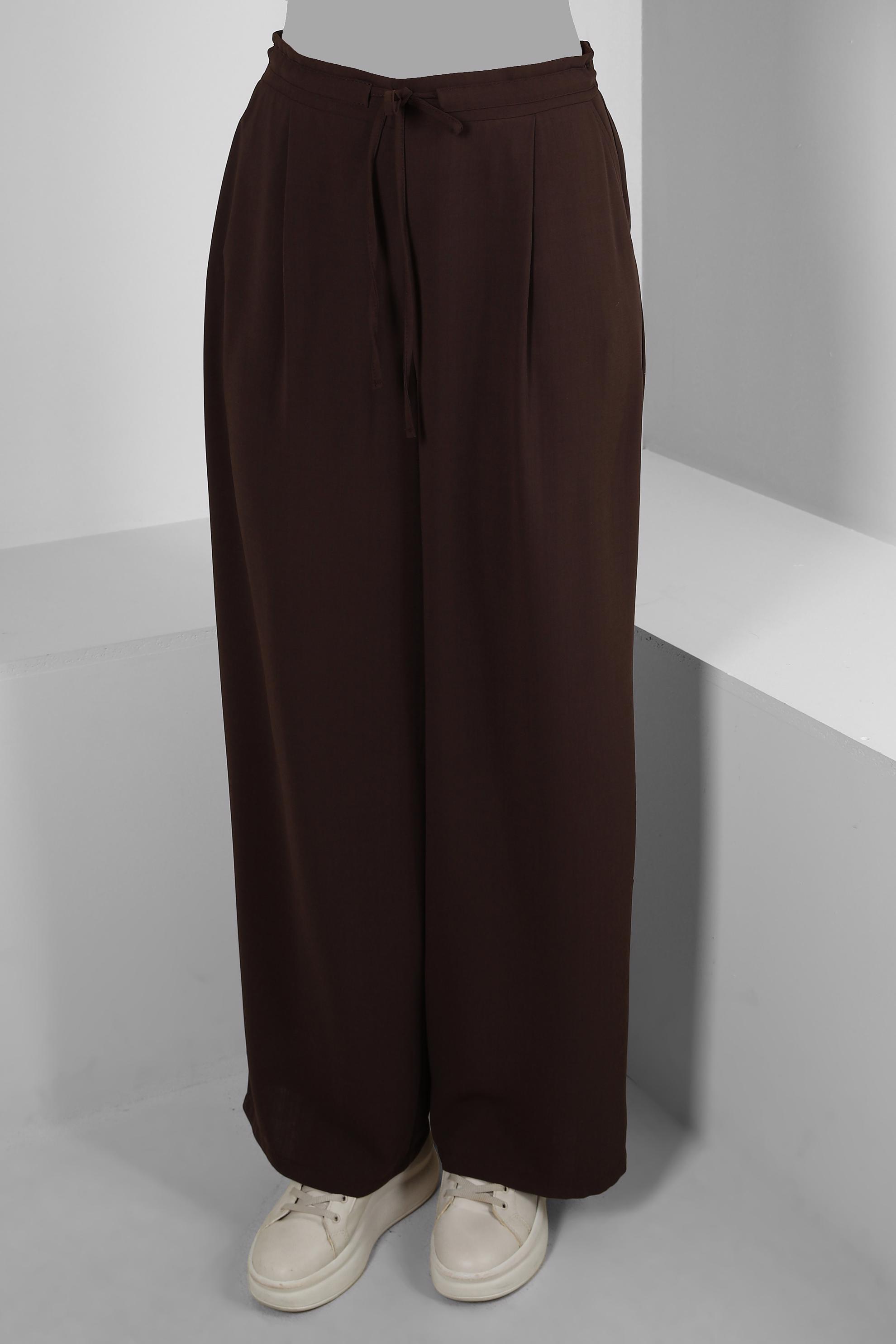 Tesettür giyim KAHVE BELİ LASTİKLİ BAĞCIKLI GENİŞ PAÇA PANTOLON 70509