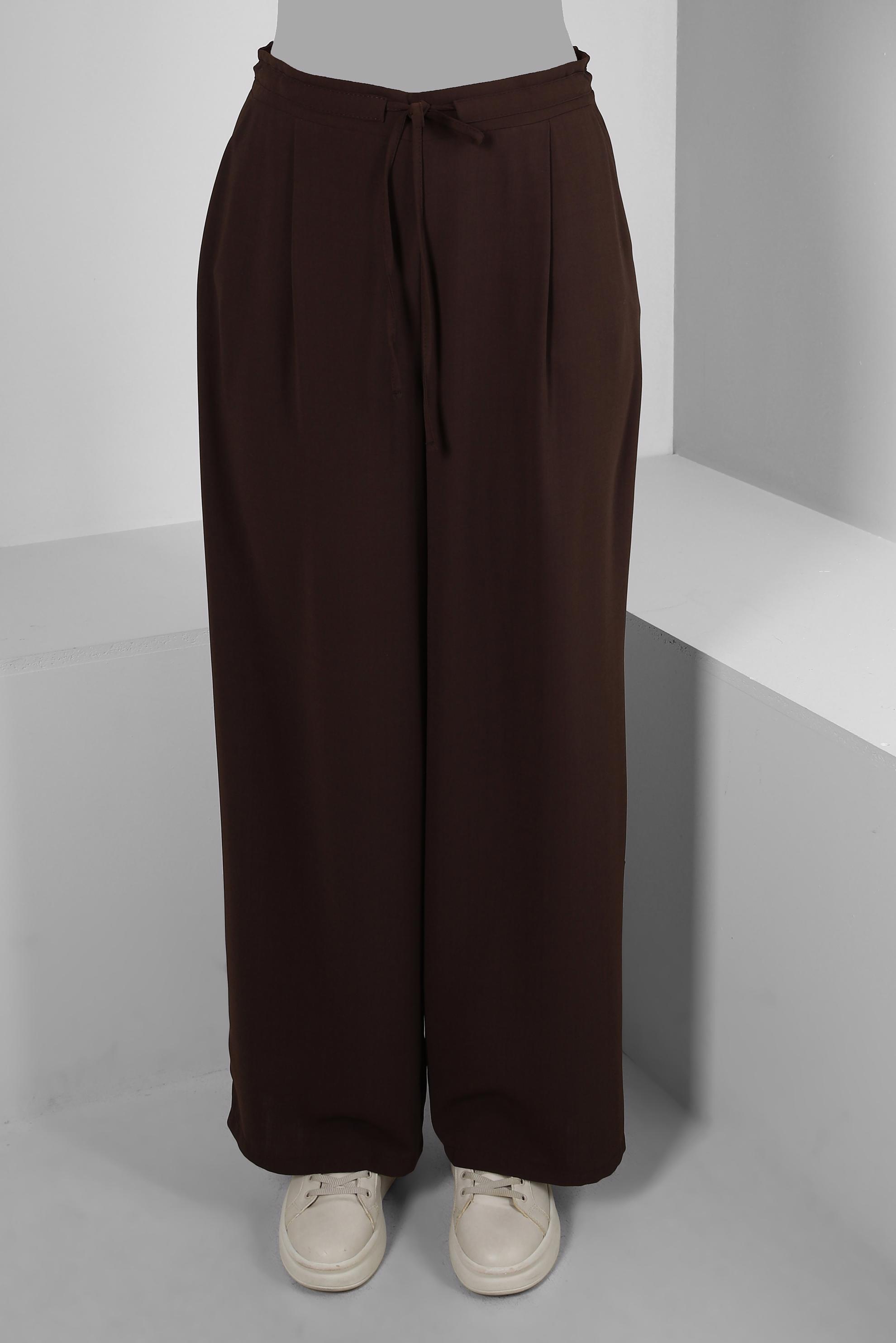 Tesettür giyim KAHVE BELİ LASTİKLİ BAĞCIKLI GENİŞ PAÇA PANTOLON 70509