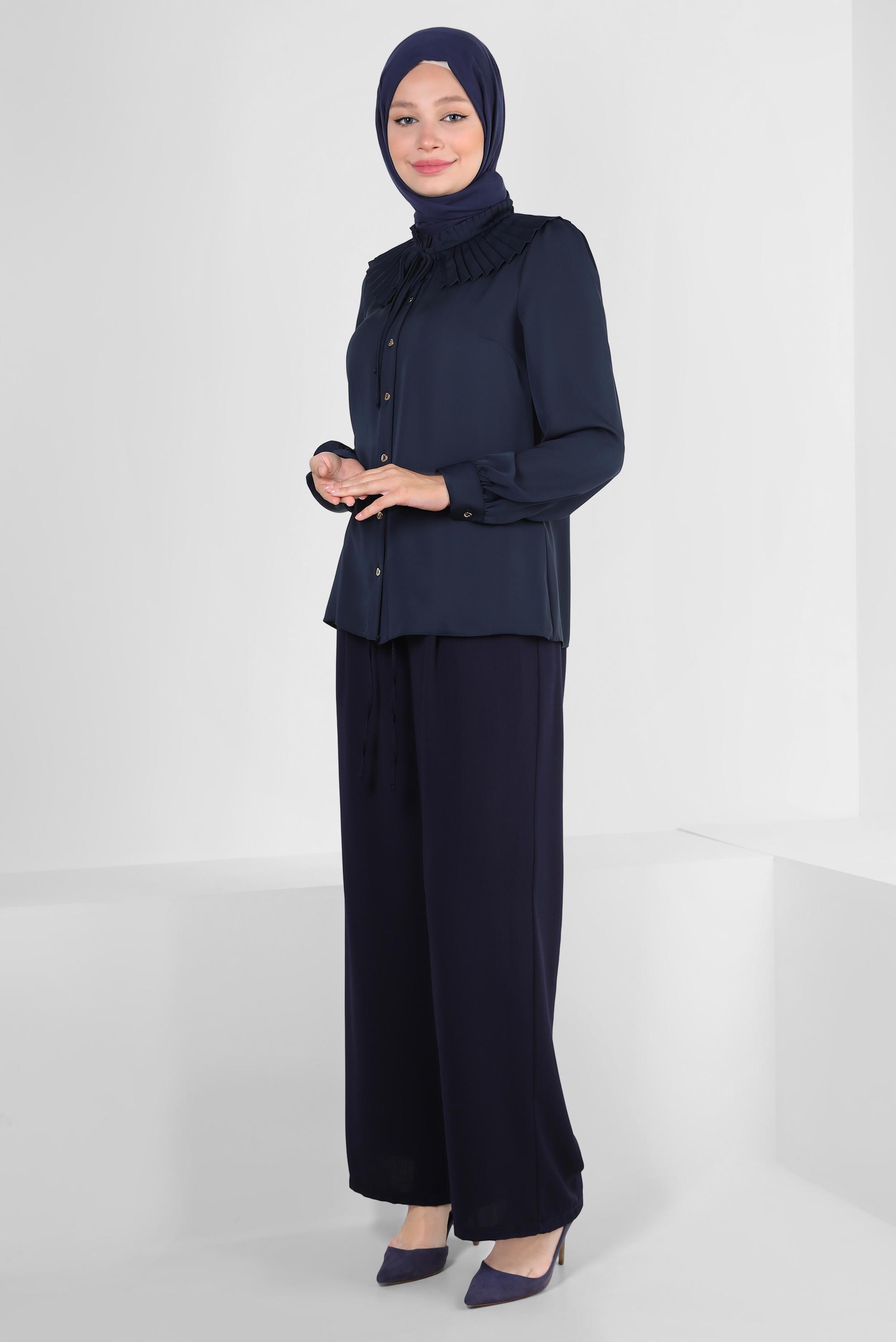 Tesettür giyim LACİVERT BELİ LASTİKLİ BAĞCIKLI GENİŞ PAÇA PANTOLON 70509