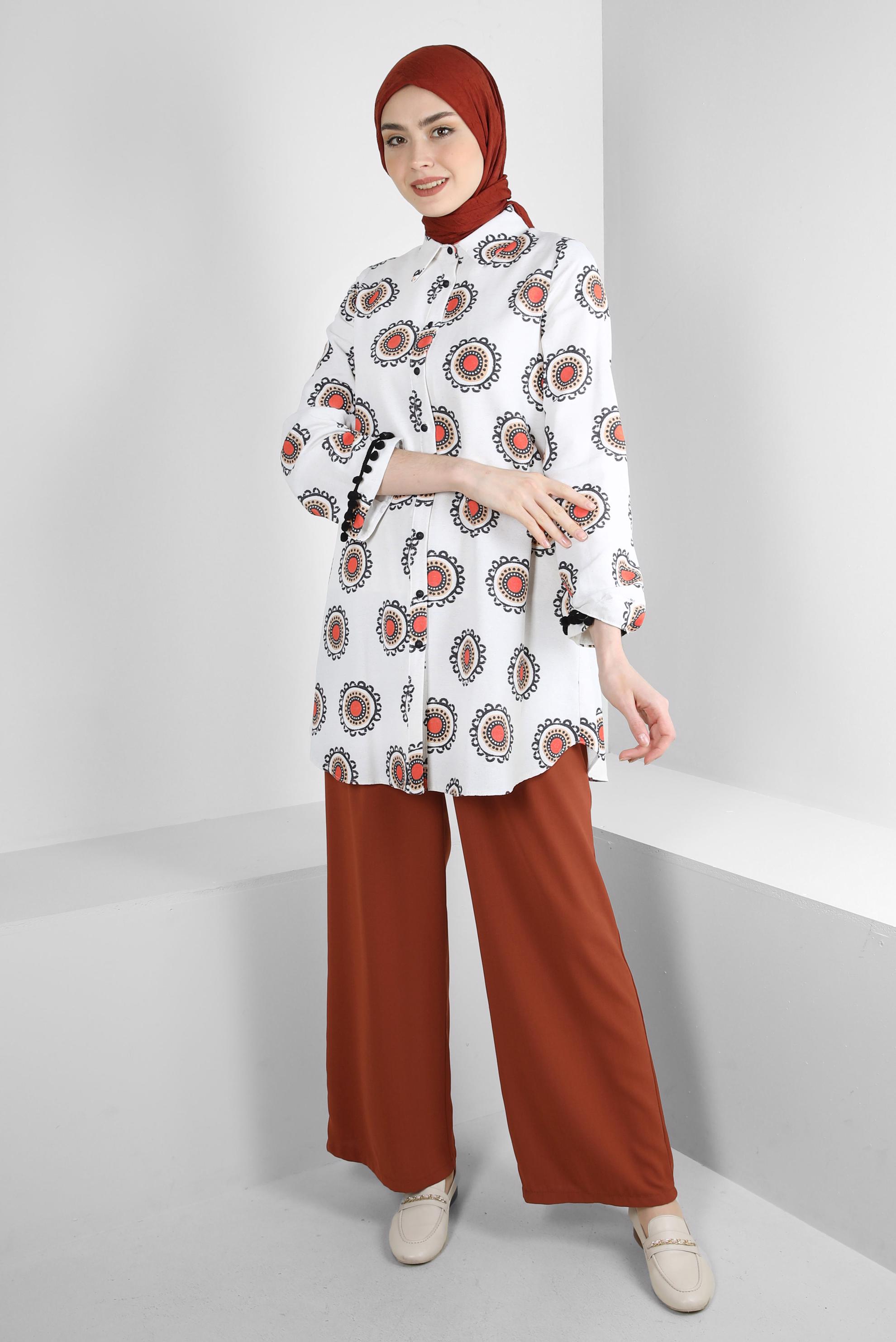 Tesettür giyim KAHVE BELİ LASTİKLİ BAĞCIKLI GENİŞ PAÇA PANTOLON 70509