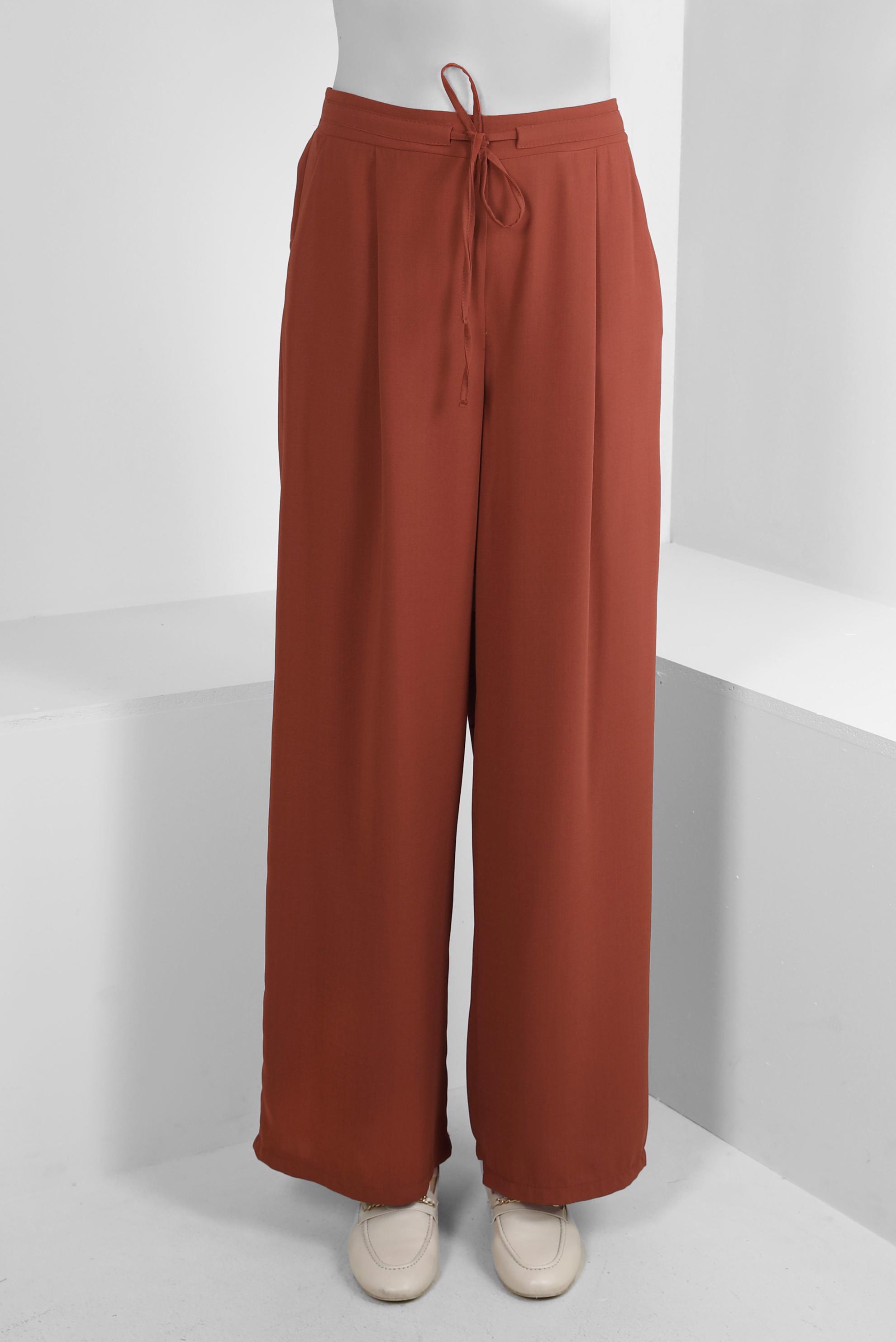 Tesettür giyim KAHVE BELİ LASTİKLİ BAĞCIKLI GENİŞ PAÇA PANTOLON 70509
