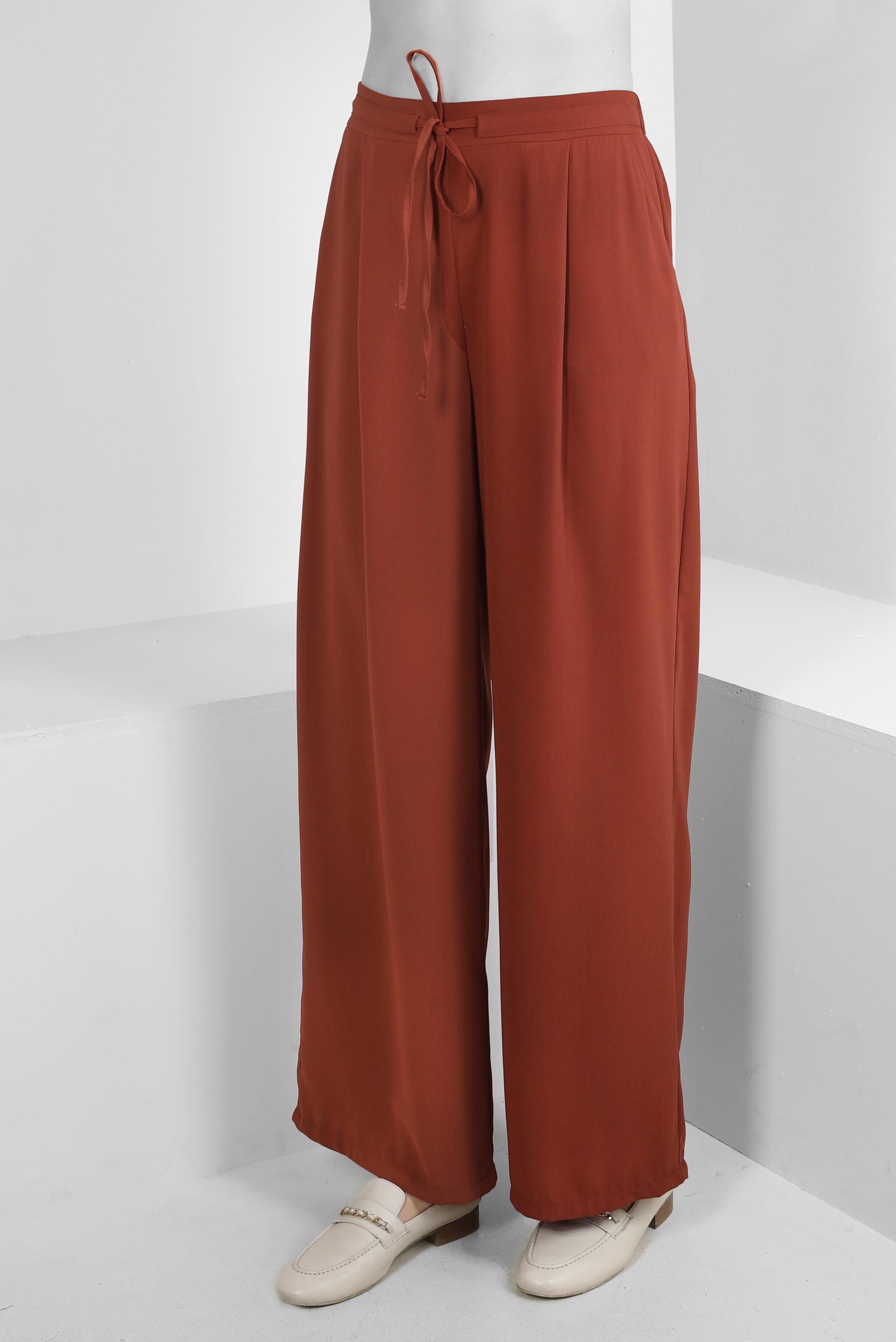 Tesettür giyim KAHVE BELİ LASTİKLİ BAĞCIKLI GENİŞ PAÇA PANTOLON 70509