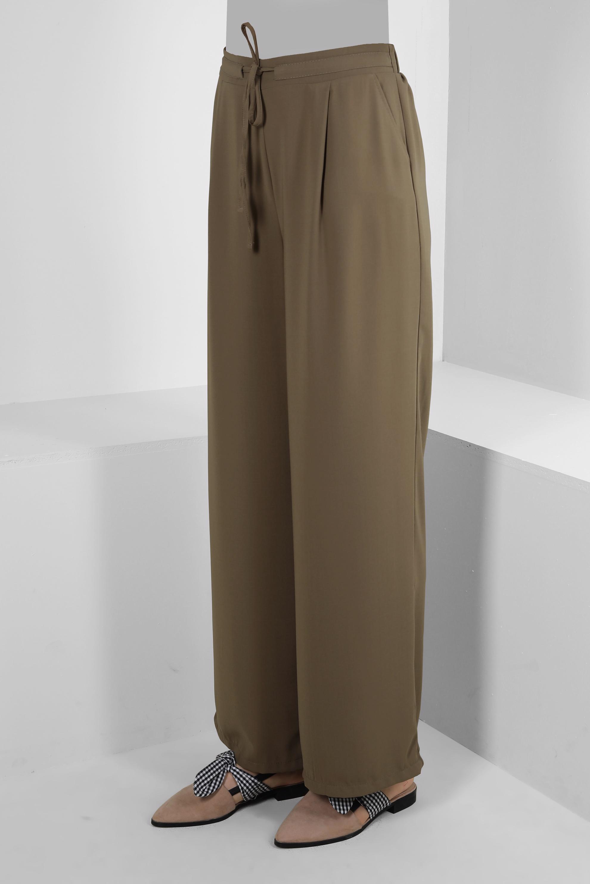 Tesettür giyim YEŞİL BELİ LASTİKLİ BAĞCIKLI GENİŞ PAÇA PANTOLON 70509