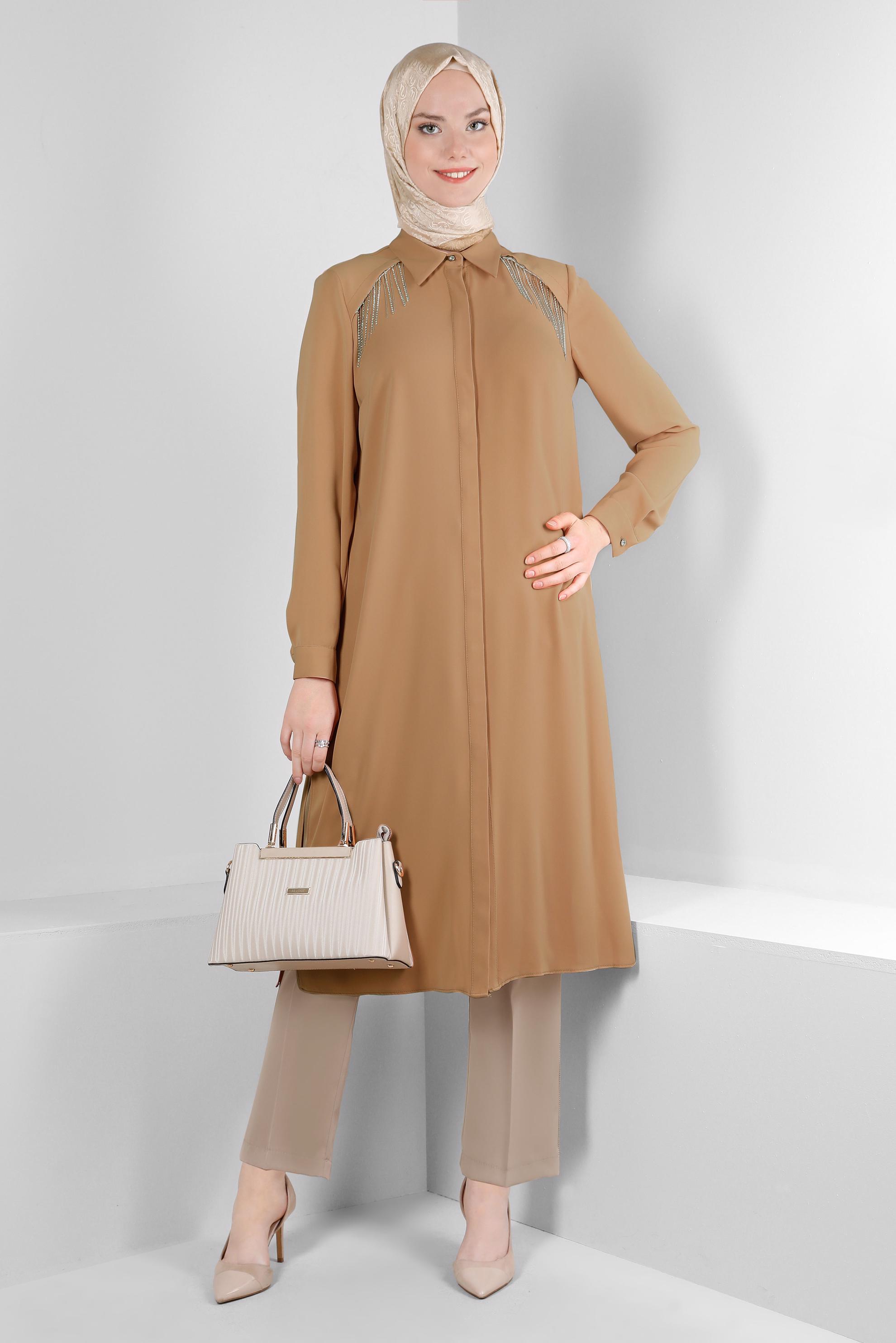 Tesettür giyim KAHVE ŞERİT DETAYLI HAVUÇ KESİM PANTOLON 70510