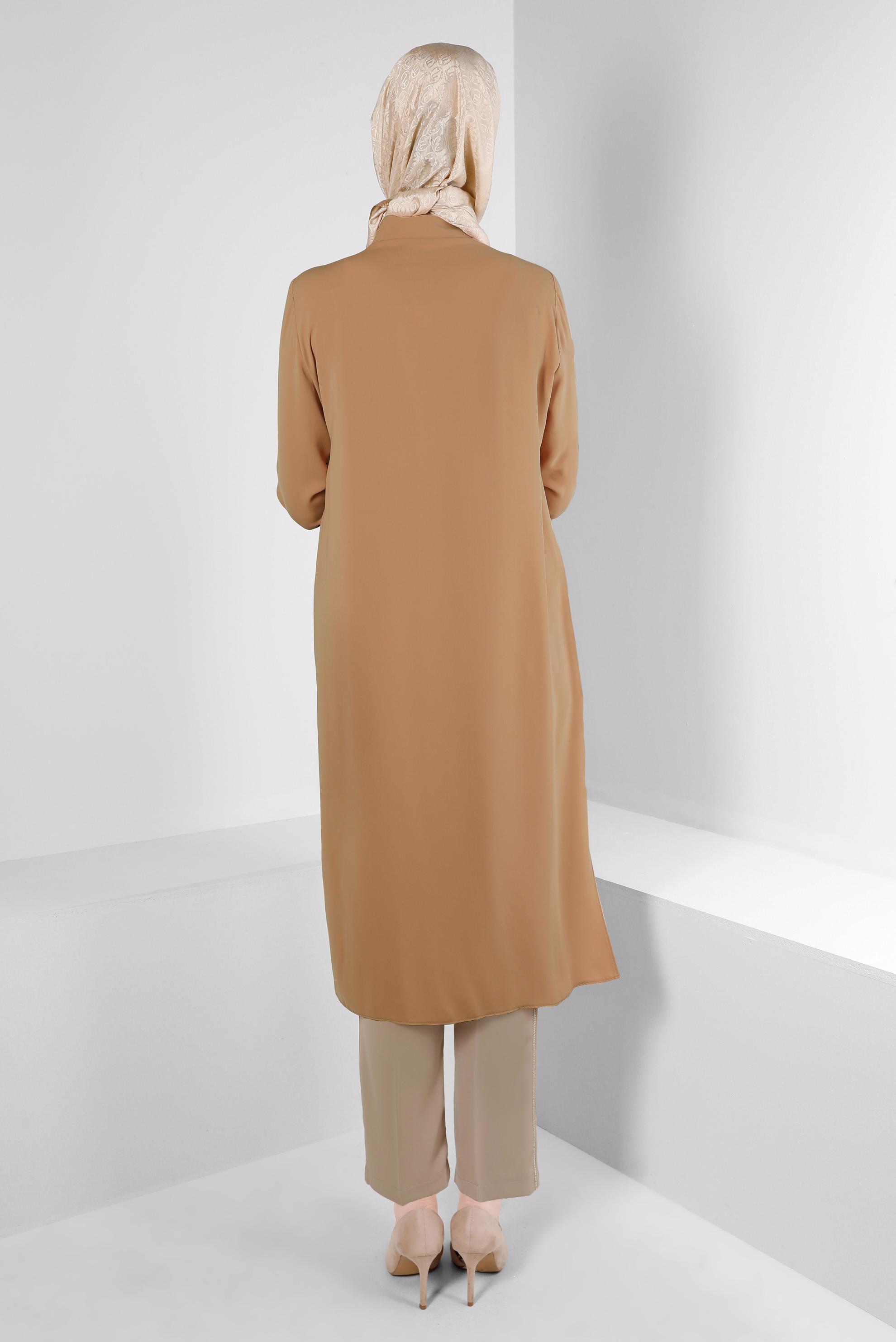 Tesettür giyim KAHVE ŞERİT DETAYLI HAVUÇ KESİM PANTOLON 70510