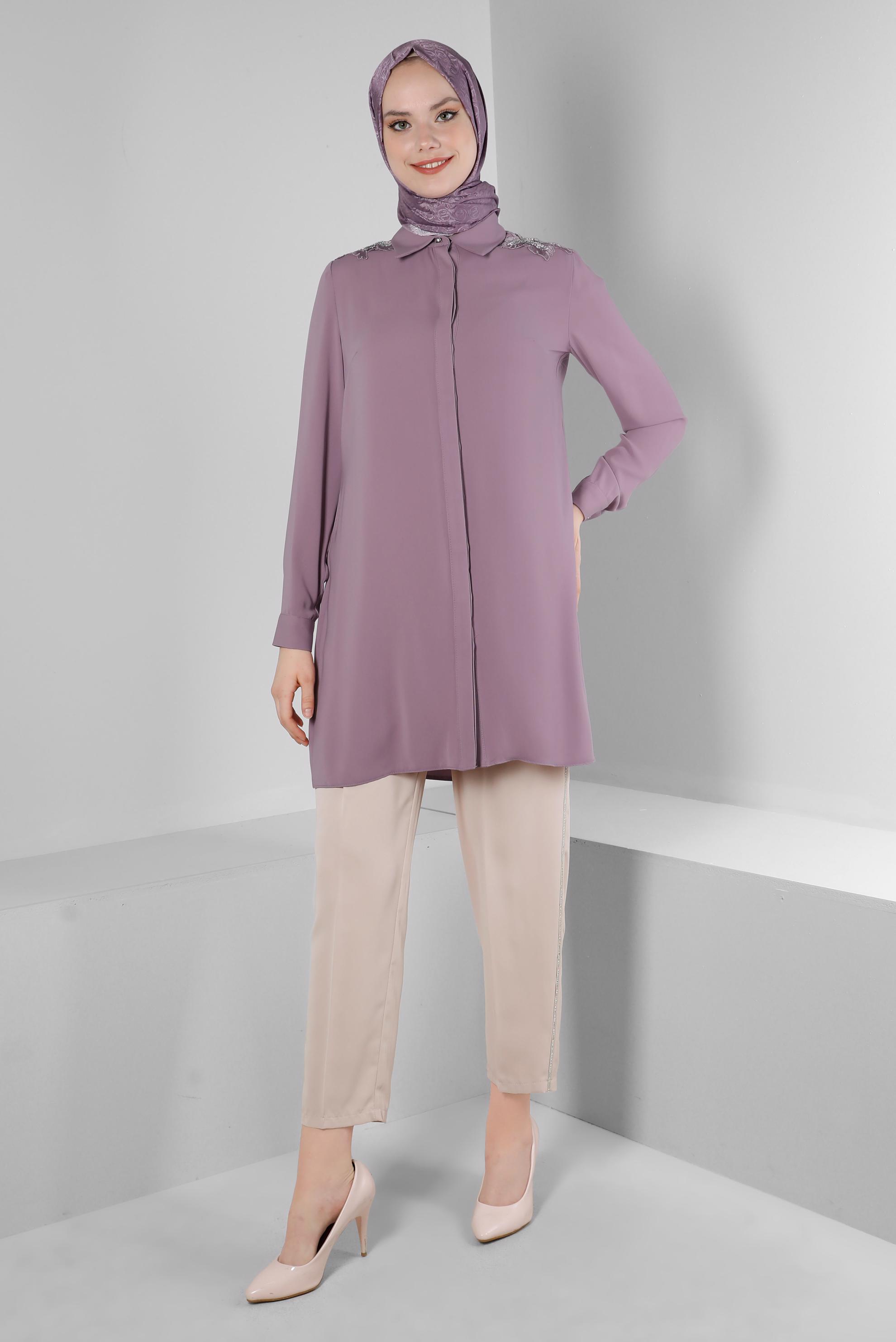 Tesettür giyim BEJ ŞERİT DETAYLI HAVUÇ KESİM PANTOLON 70510