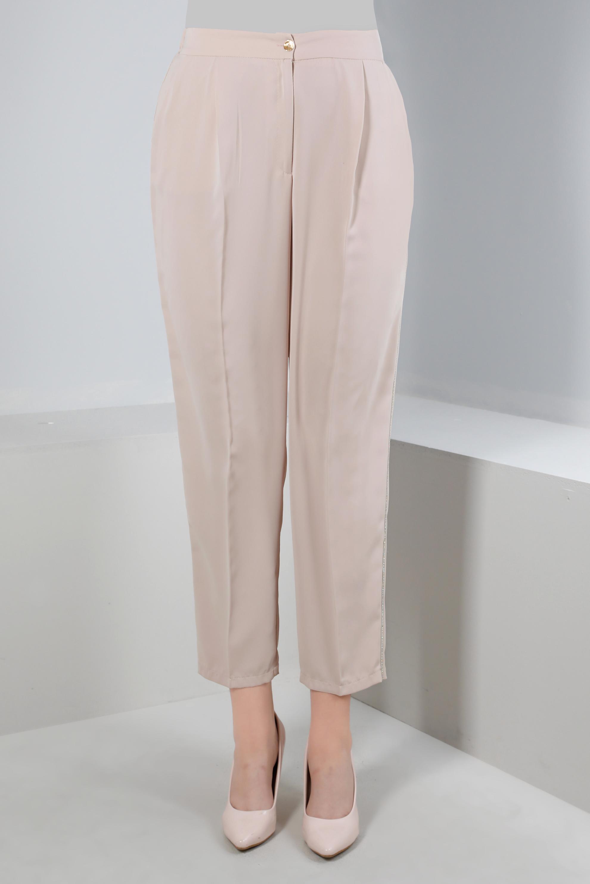 Tesettür giyim BEJ ŞERİT DETAYLI HAVUÇ KESİM PANTOLON 70510