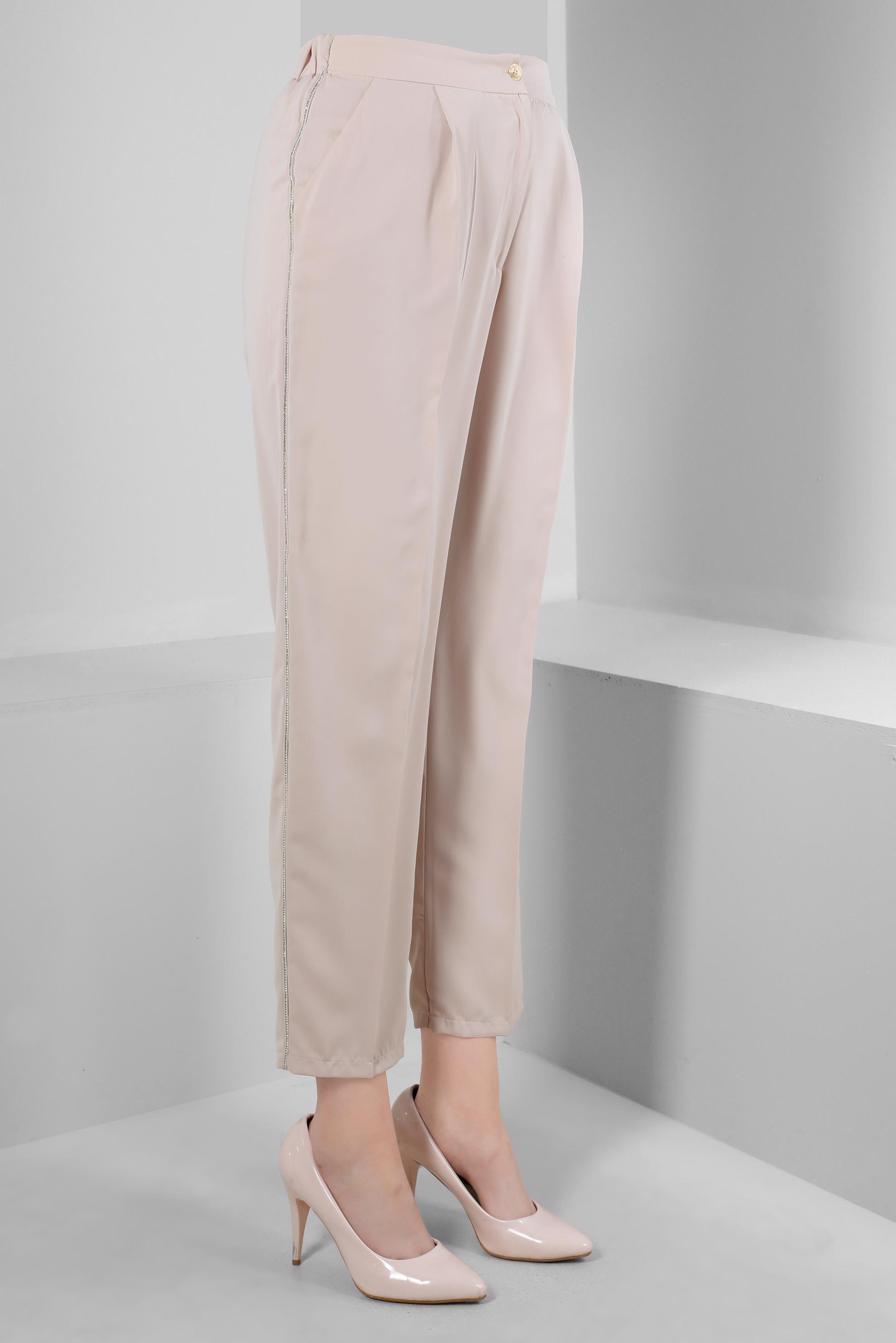 Tesettür giyim BEJ ŞERİT DETAYLI HAVUÇ KESİM PANTOLON 70510