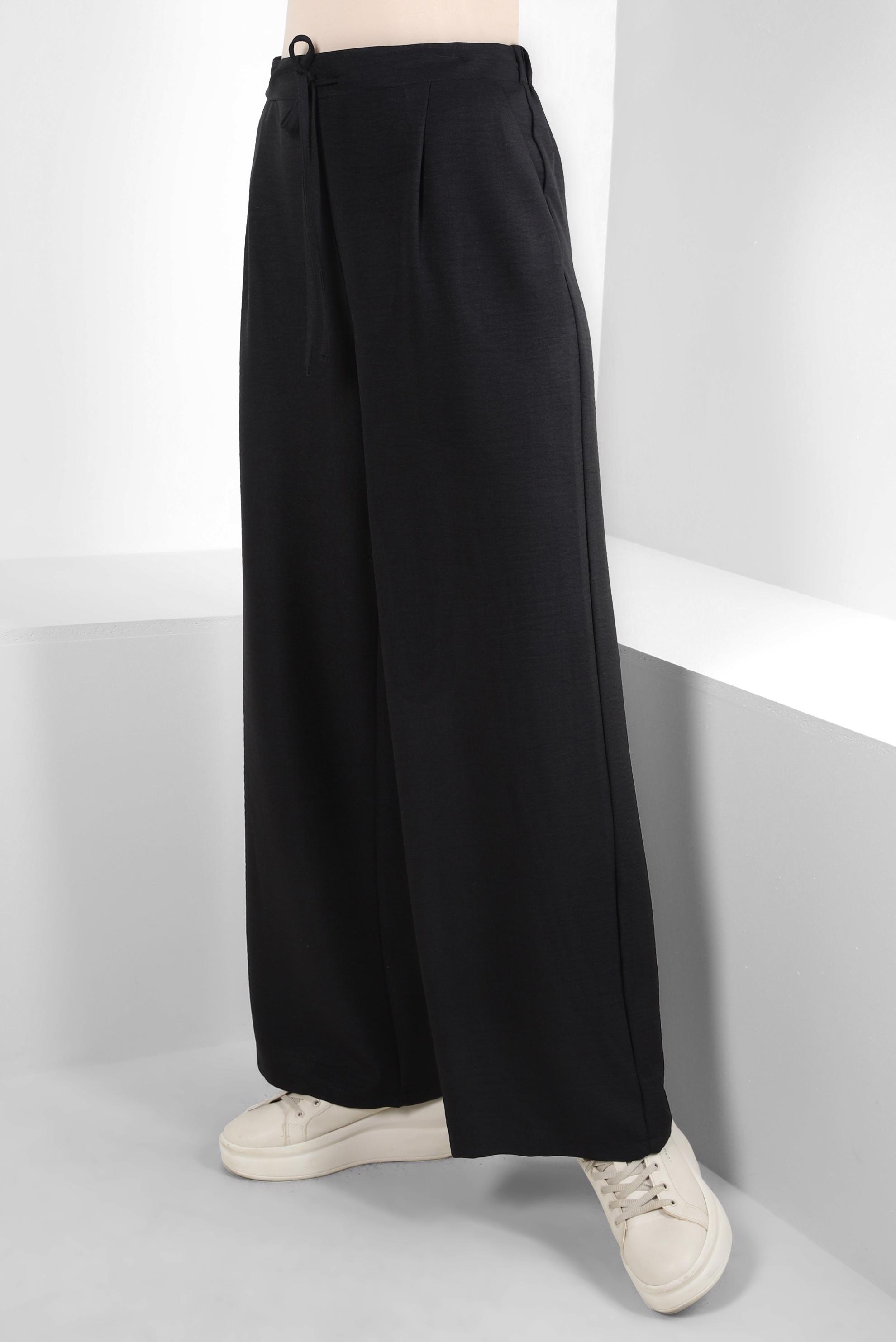 Tesettür giyim SİYAH GENİŞ PAÇA BAĞCIK DETAYLI PANTOLON 70512