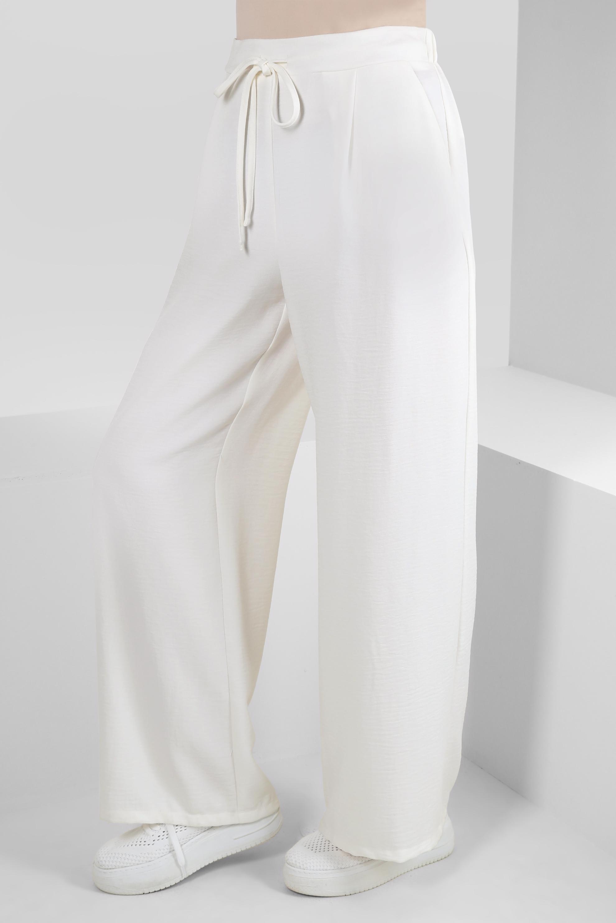 Tesettür giyim BEYAZ GENİŞ PAÇA BAĞCIK DETAYLI PANTOLON 70512