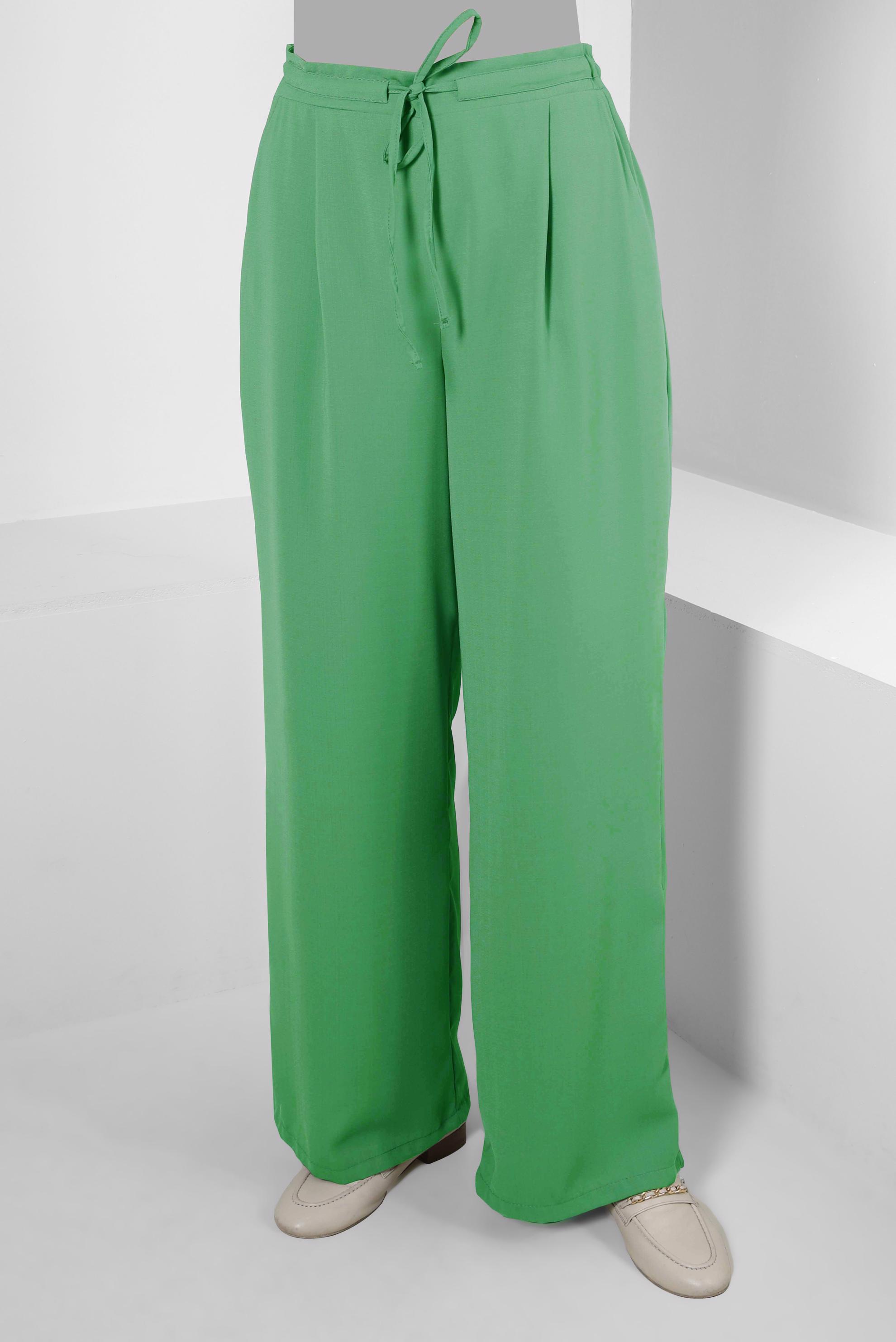 Tesettür giyim YEŞİL GENİŞ PAÇA BAĞCIK DETAYLI PANTOLON 70512