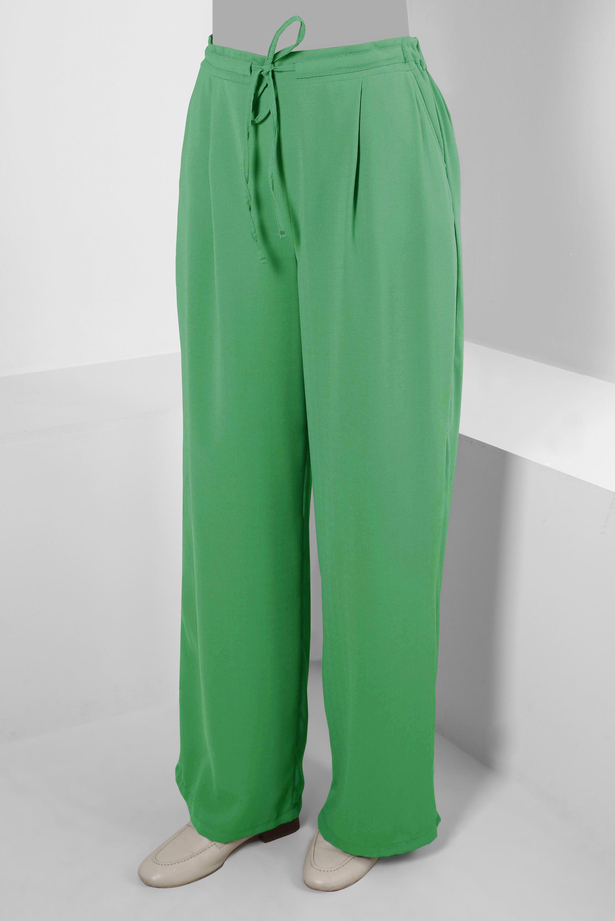 Tesettür giyim YEŞİL GENİŞ PAÇA BAĞCIK DETAYLI PANTOLON 70512